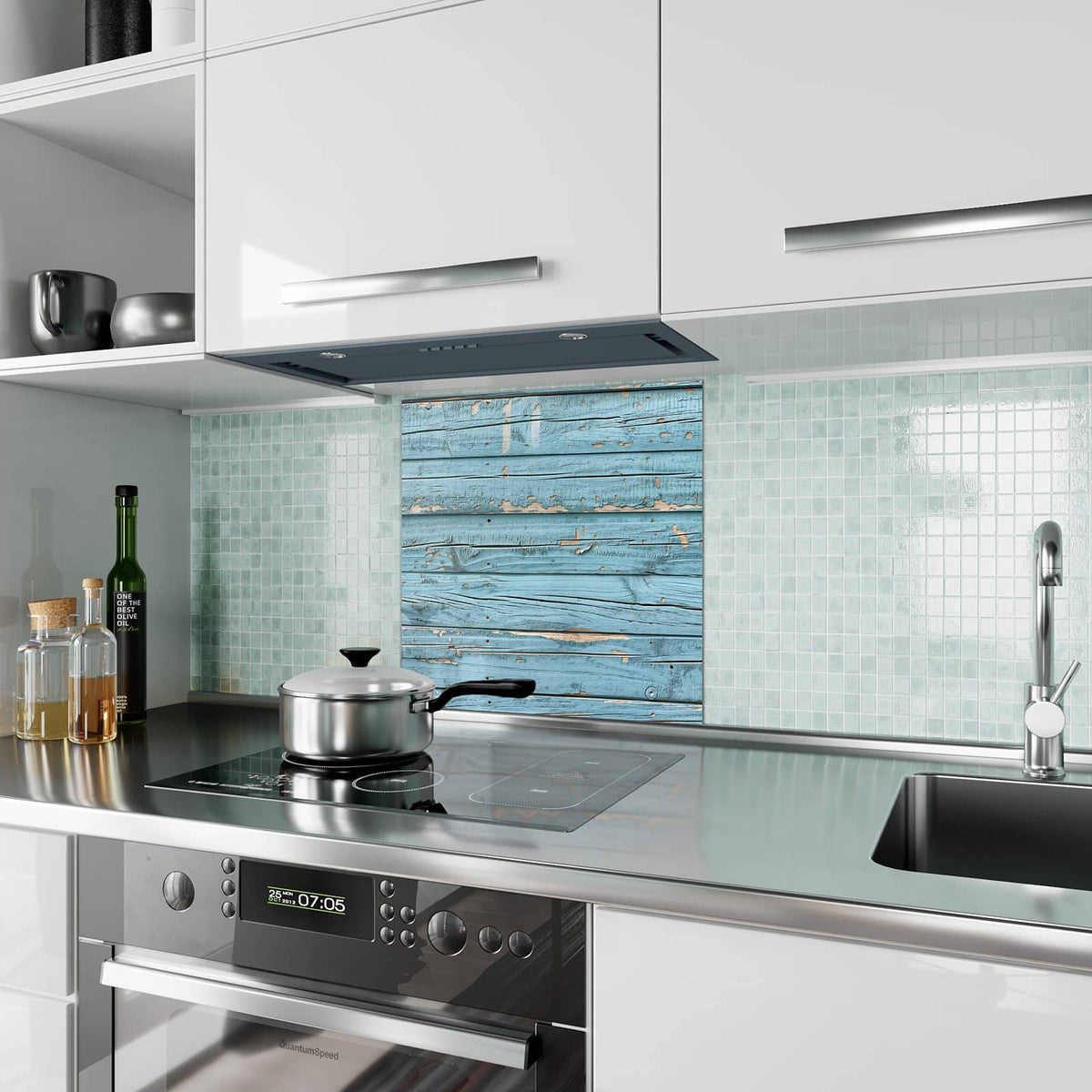 Küchenrückwand Abblätterndes Hellblau aus Glas – Abblätternde hellblaue Farbe auf Holz