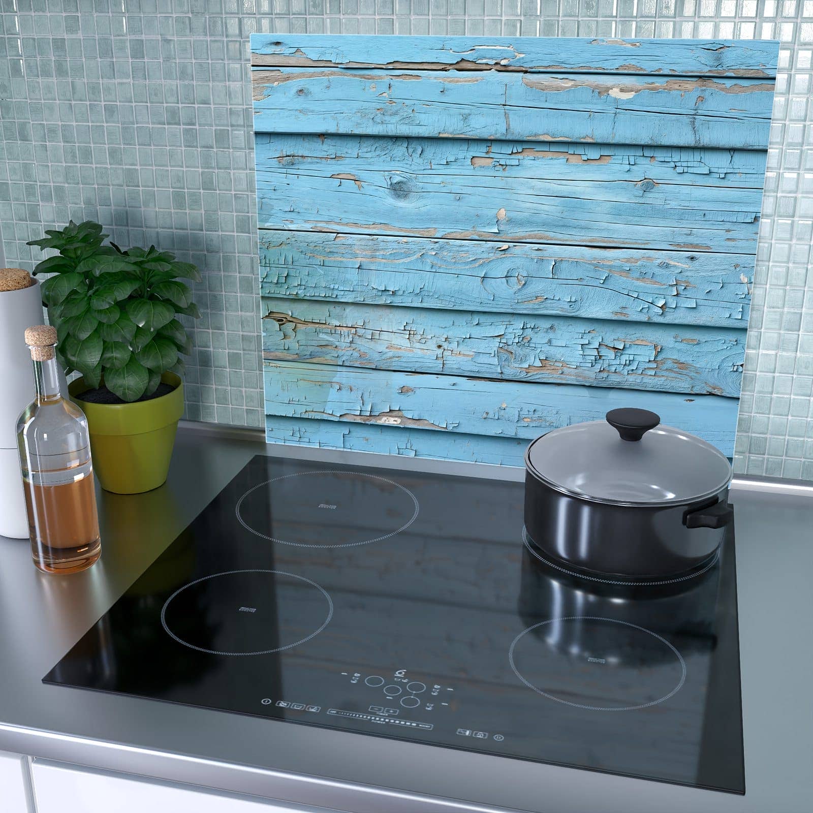 1-teilige Glasplatte für Herd mit Blaues Vintage-Holz-Motiv als Spritzschutz hinter dem Kochfeld