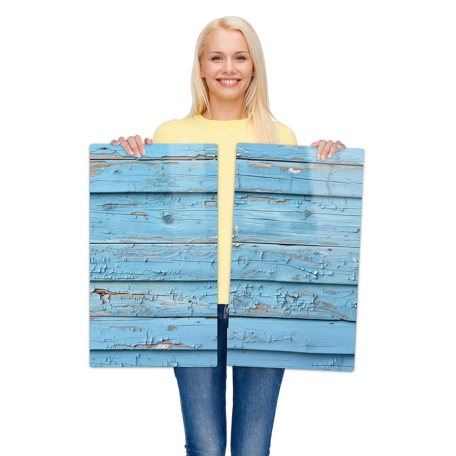 2-teilige Herdabdeckplatte für Ceranfeld mit Blaues Vintage-Holz-Motiv wird zur Größendarstellung gehalten