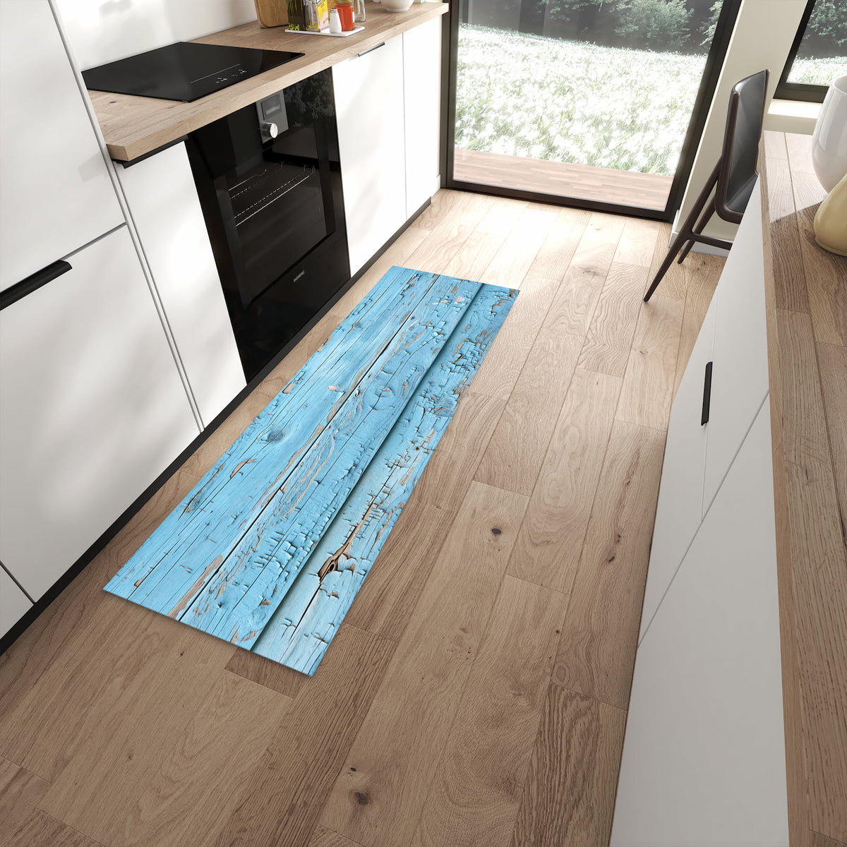 Farbbeständiger rutschfester Küchenläufer mit Motiv Altes Holzblau in moderner Küche