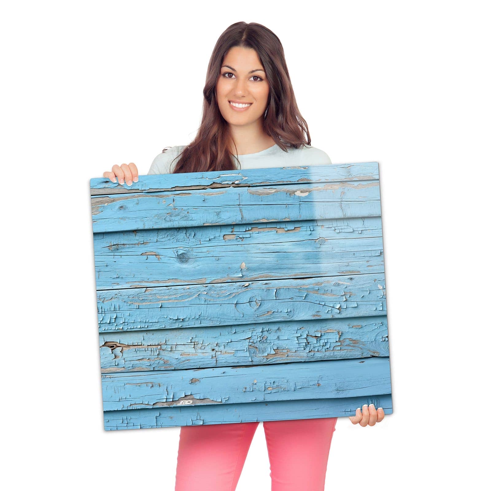 1-teilige Herdplattenabdeckung mit Blaues Vintage-Holz-Motiv wird zur Größendarstellung gehalten