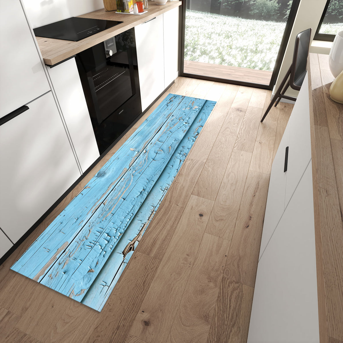 Formstabiler rutschfester Küchenläufer mit Motiv Altes Holzblau in moderner Küche