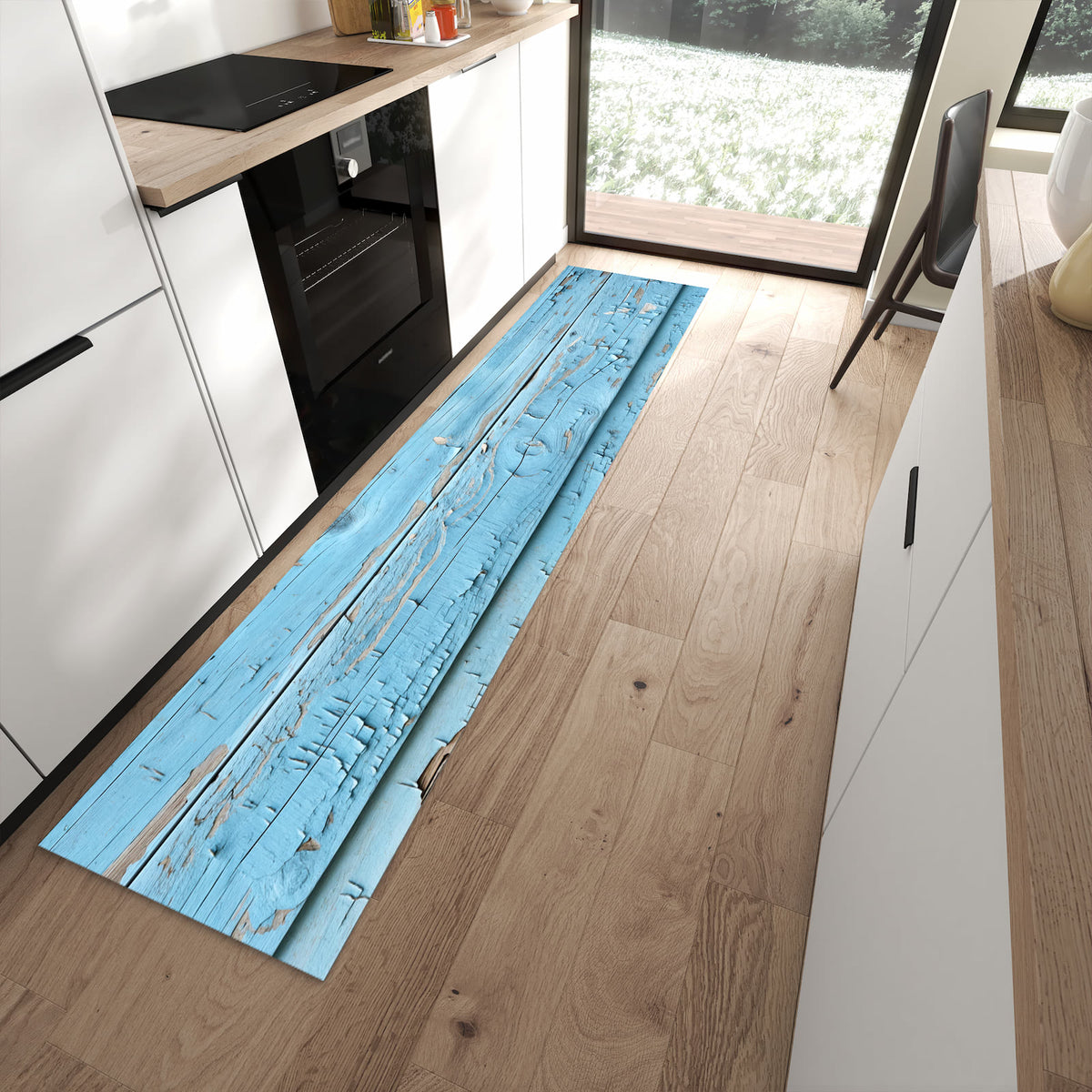 Waschbarer Küchenläufer mit Motiv Altes Holzblau in moderner Küche für sicheres Aufbewahren