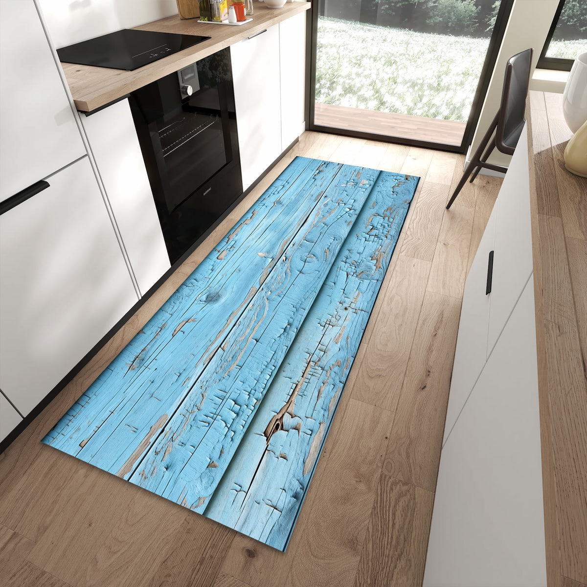 Schmutzabweisender Küchenläufer mit Motiv Altes Holzblau in moderner Küche