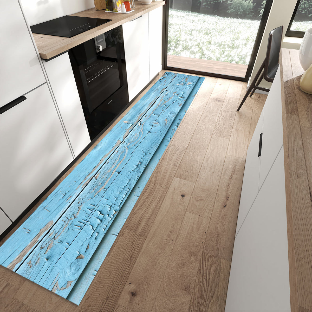 Zeitsparender rutschfester Küchenläufer mit Motiv Altes Holzblau in moderner Küche