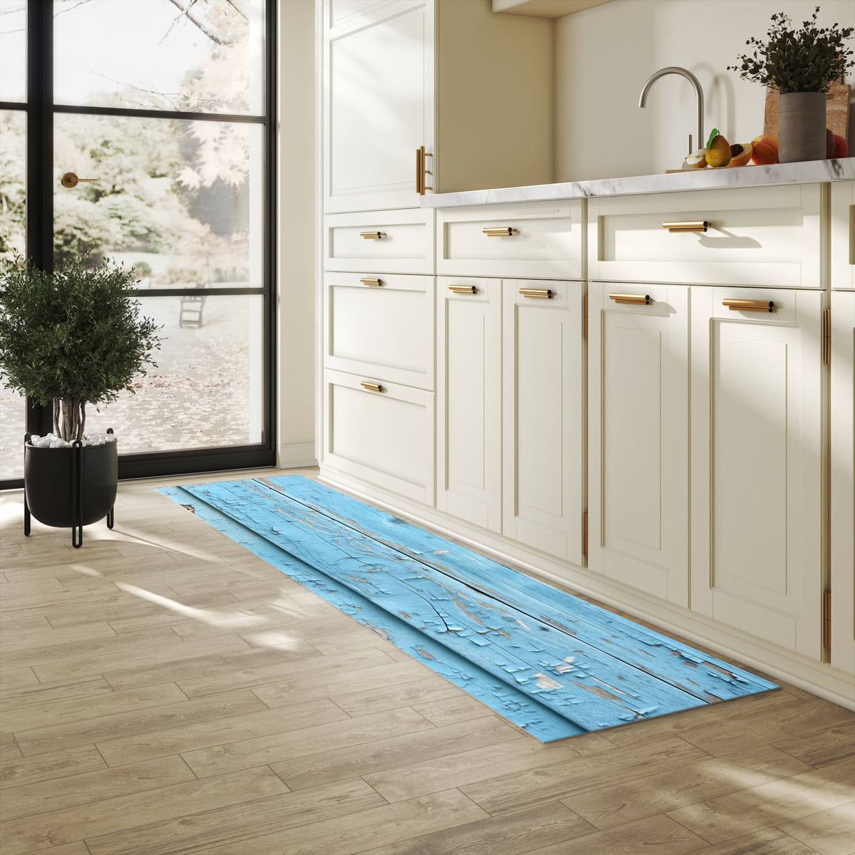 Geräuschdämpfender Küchenläufer mit Motiv Altes Holzblau in heller Küche