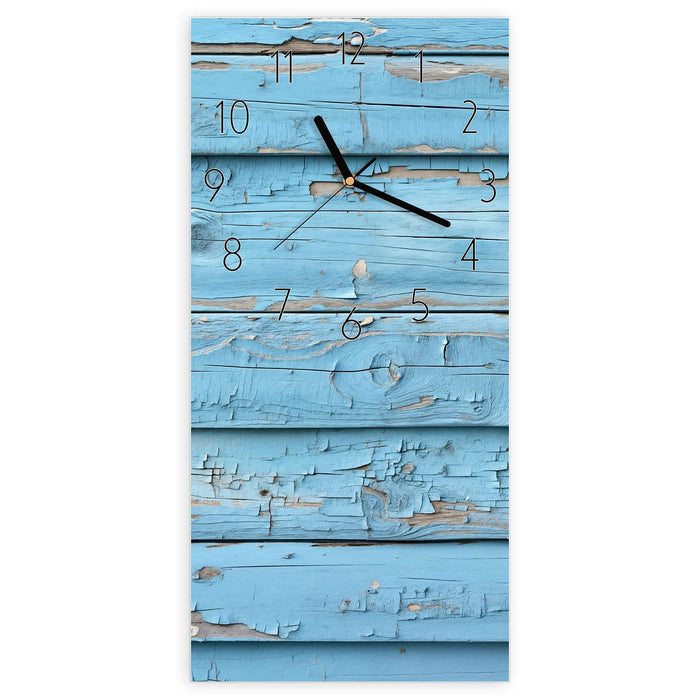Wanduhr Blaues Vintage-Holz aus Glas – Hochformat 30 × 60 cm mit Ziffernblatt Elegant