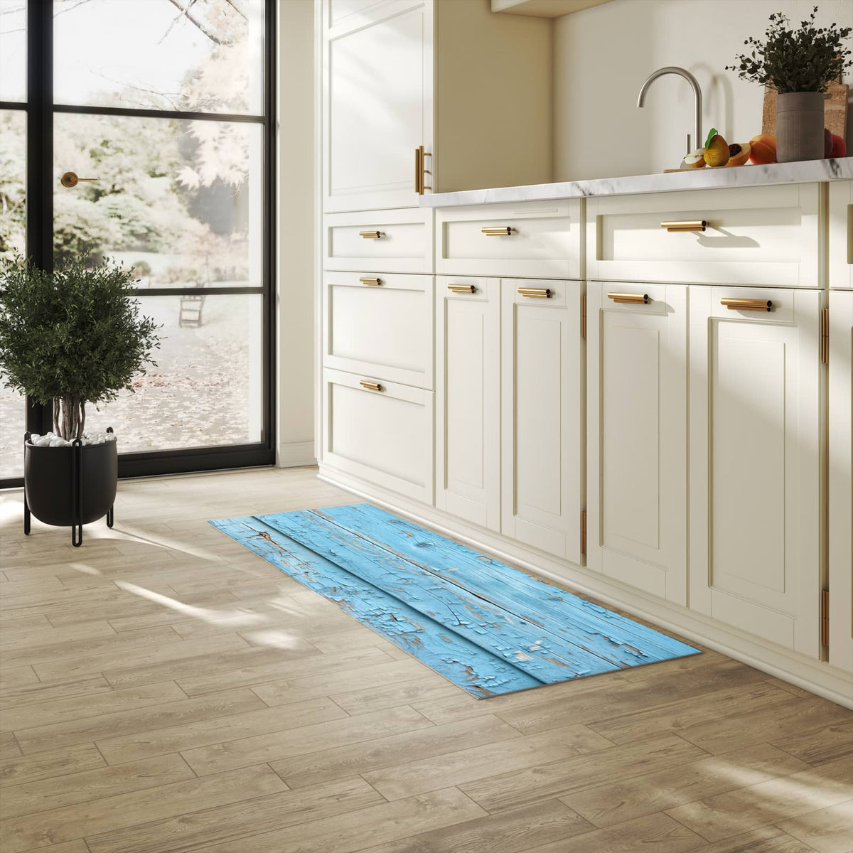Küchenläufer mit Motiv Altes Holzblau in heller Küche für sichere Aufbewahrung