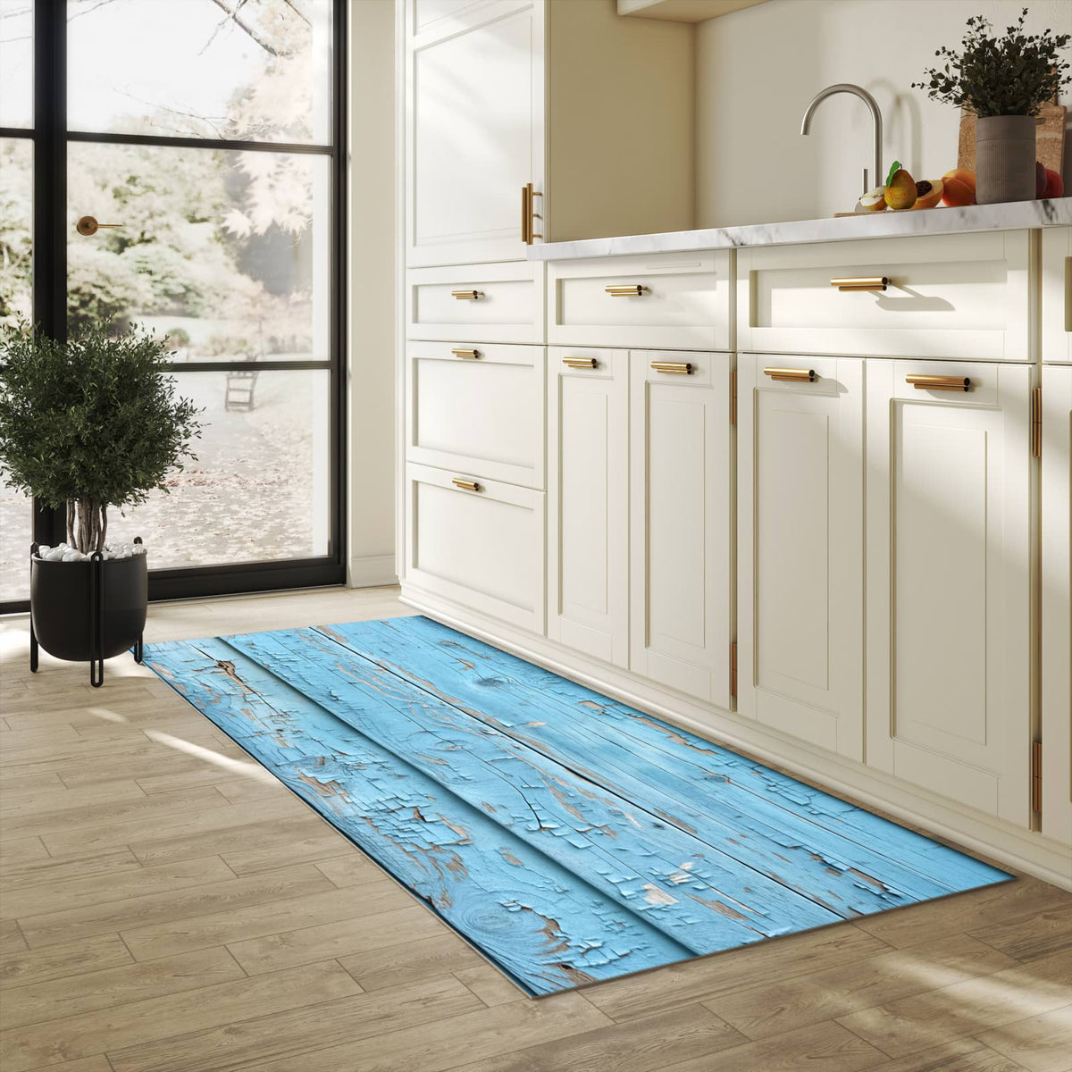 Langlebiger waschbarer Küchenläufer mit Motiv Altes Holzblau in heller Küche