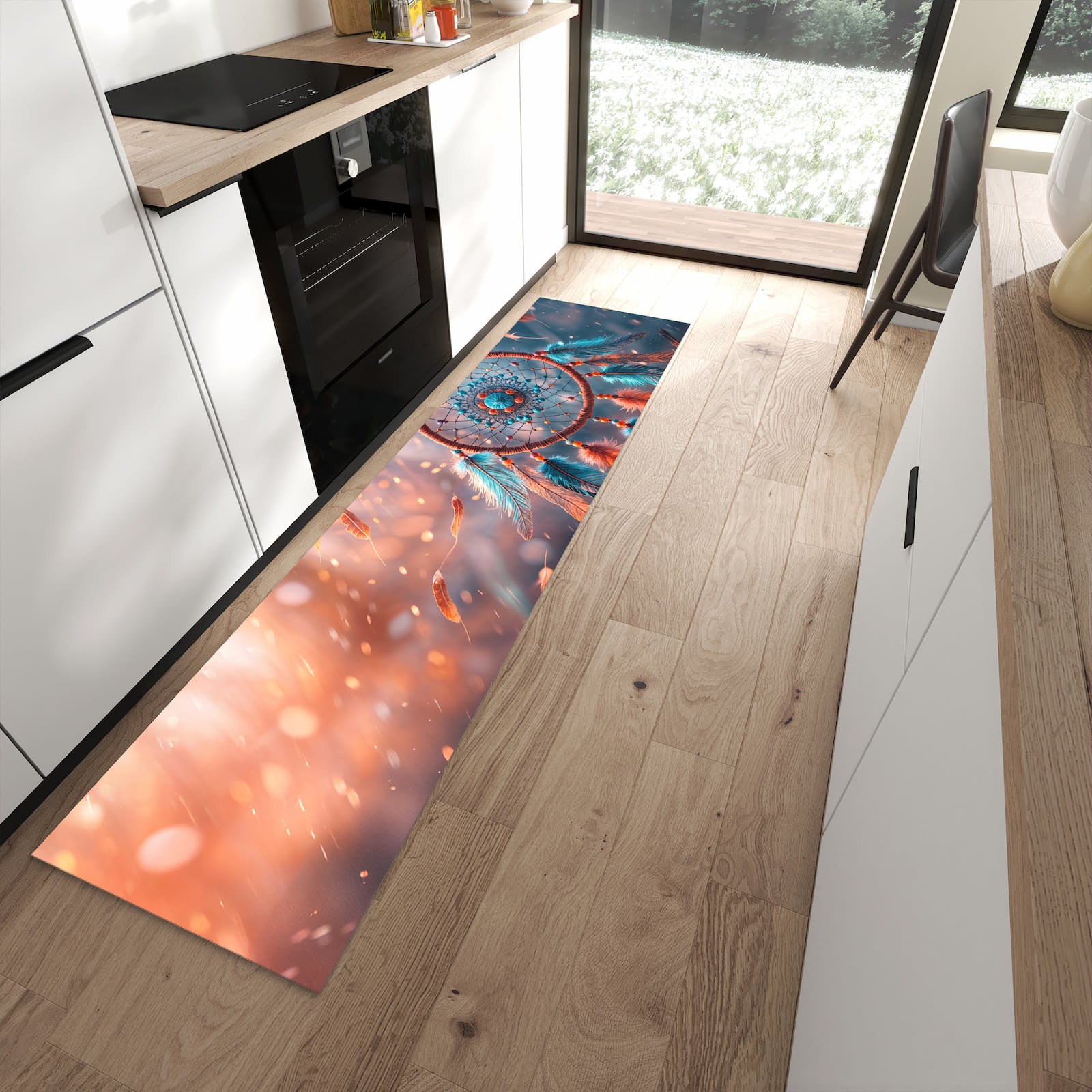Rutschfester Küchenläufer mit Motiv Traumfänger Federn in moderner Küche