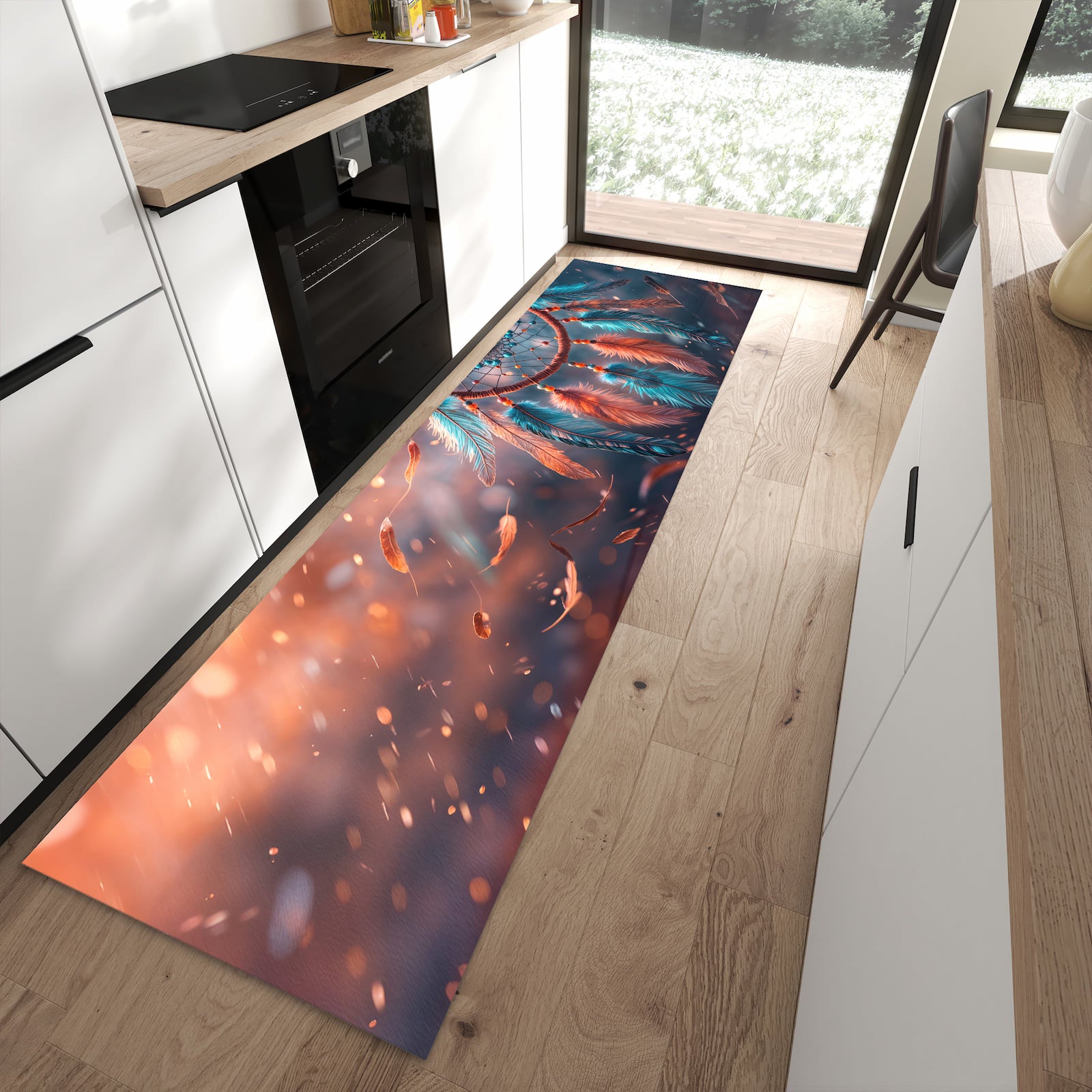 Langlebiger rutschfester Küchenteppich mit Motiv Traumfänger Federn in moderner Küche