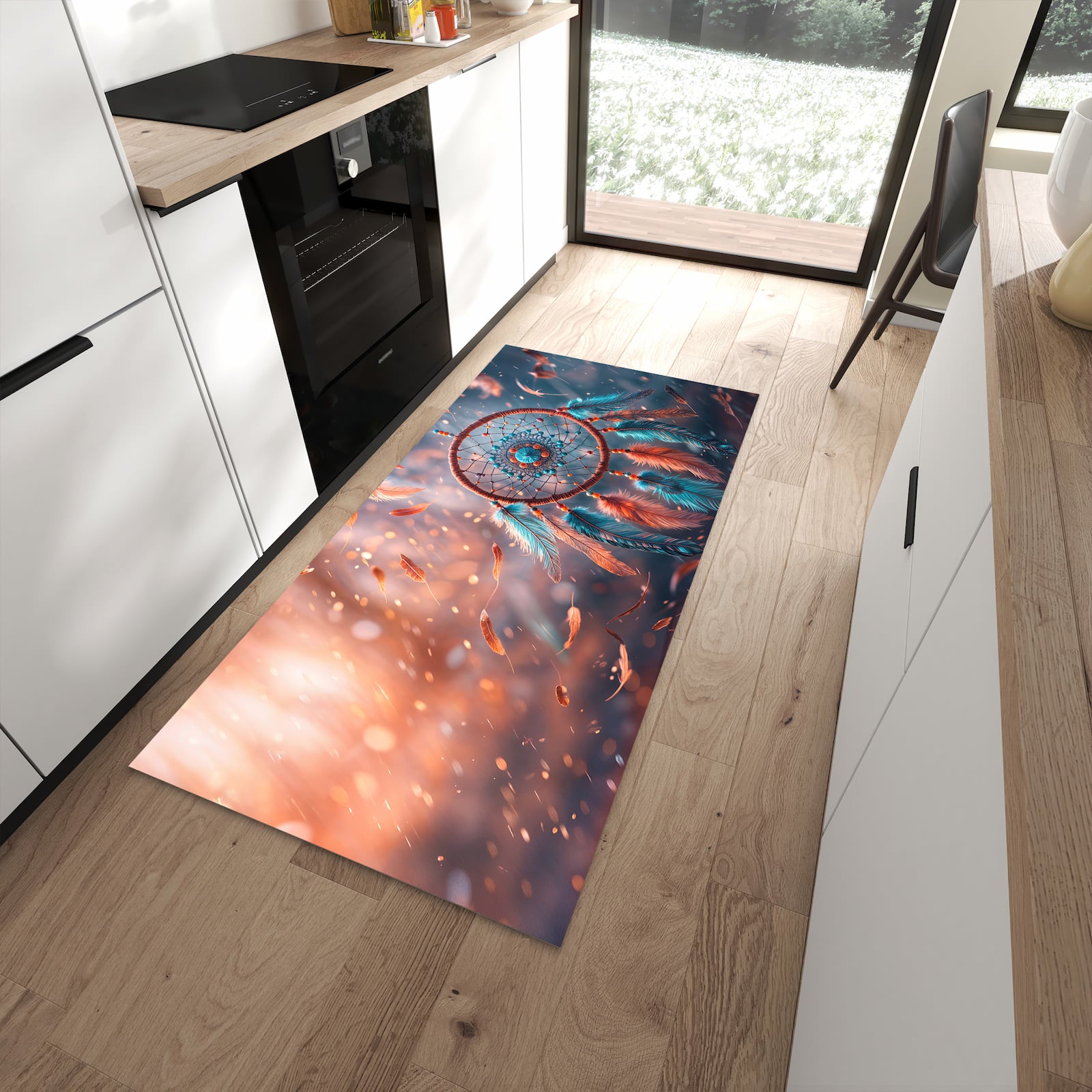 Feuchtigkeitsresistenter Küchenläufer mit Motiv Traumfänger Federn in moderner Küche