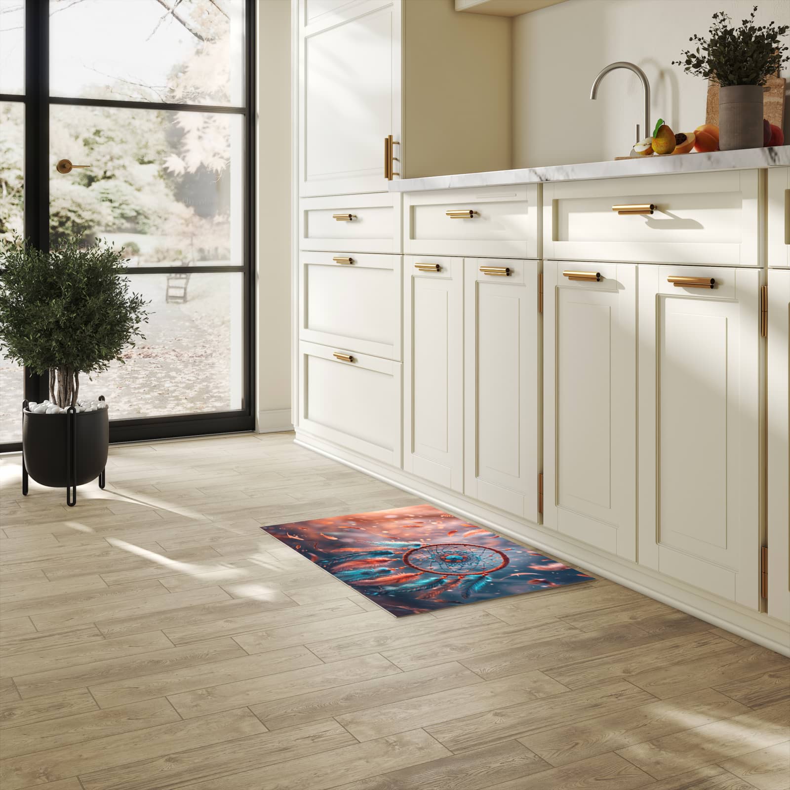 Abwaschbarer Küchenteppich mit Motiv Traumfänger Federn in heller Küche