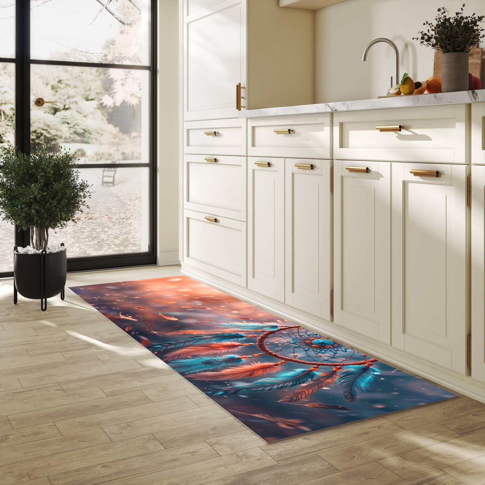 Rutschfester Küchenteppich mit Motiv Traumfänger Federn in heller Küche