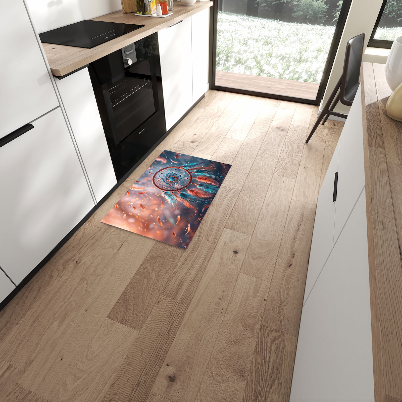 Hygienischer Küchenteppich mit Motiv Traumfänger Federn in moderner Küche - leicht waschbar