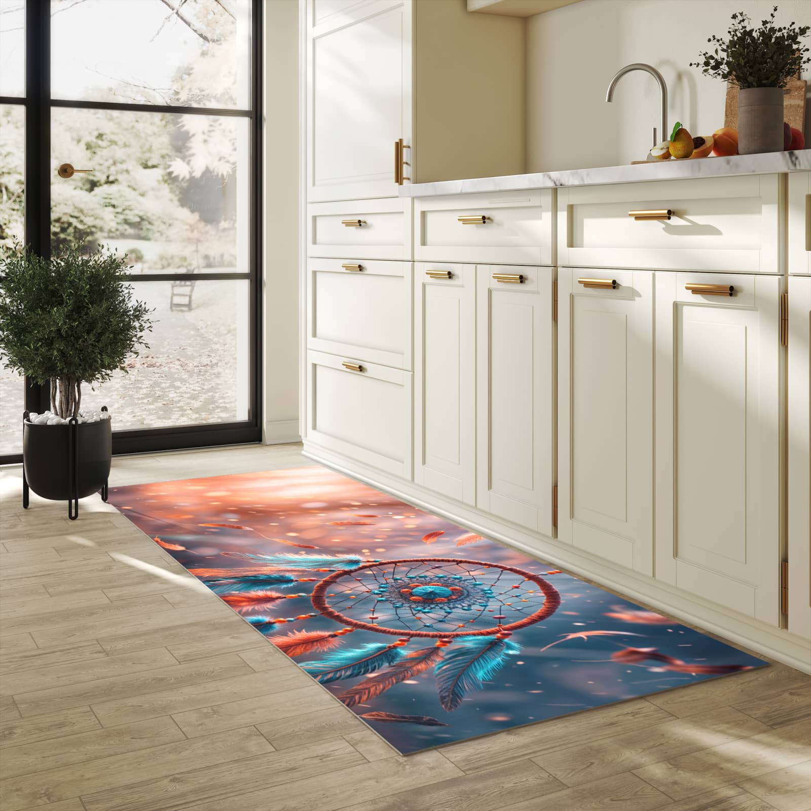 Bodenschonender Küchenteppich mit Motiv Traumfänger Federn in heller Küche