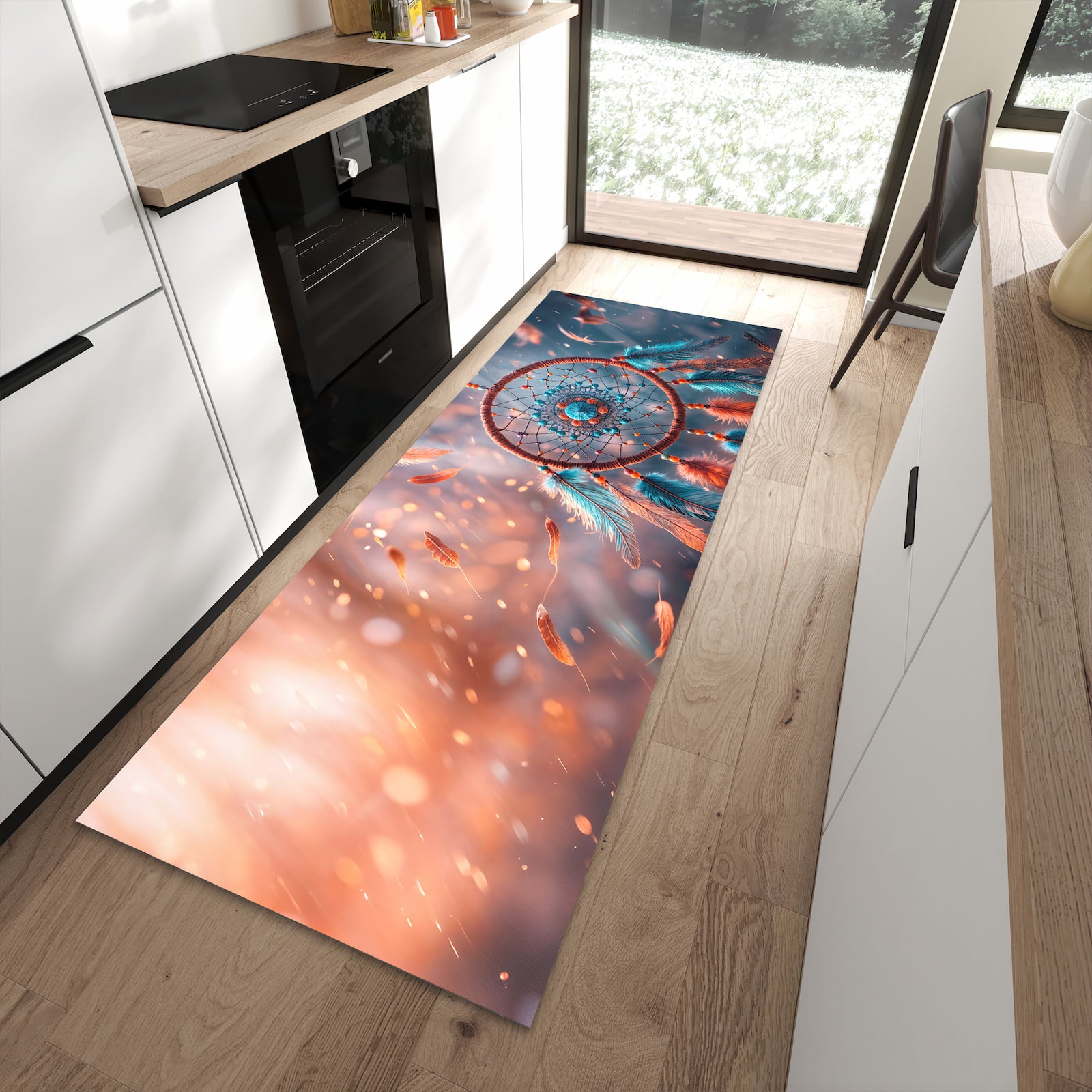 Bodenschonender Küchenläufer mit Motiv Traumfänger Federn in moderner Küche