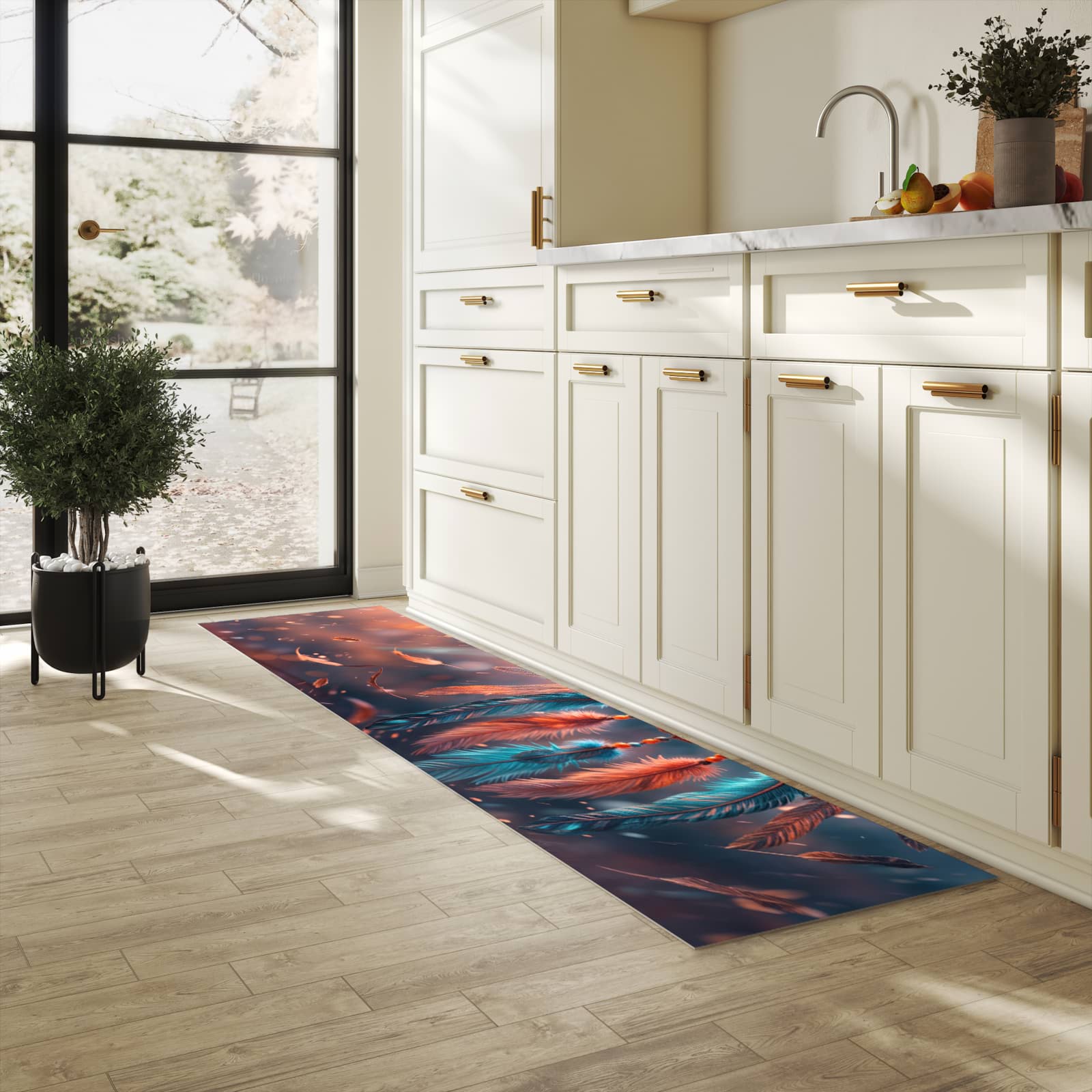 Hygienischer moderner Küchenläufer mit Motiv Traumfänger Federn in heller Küche