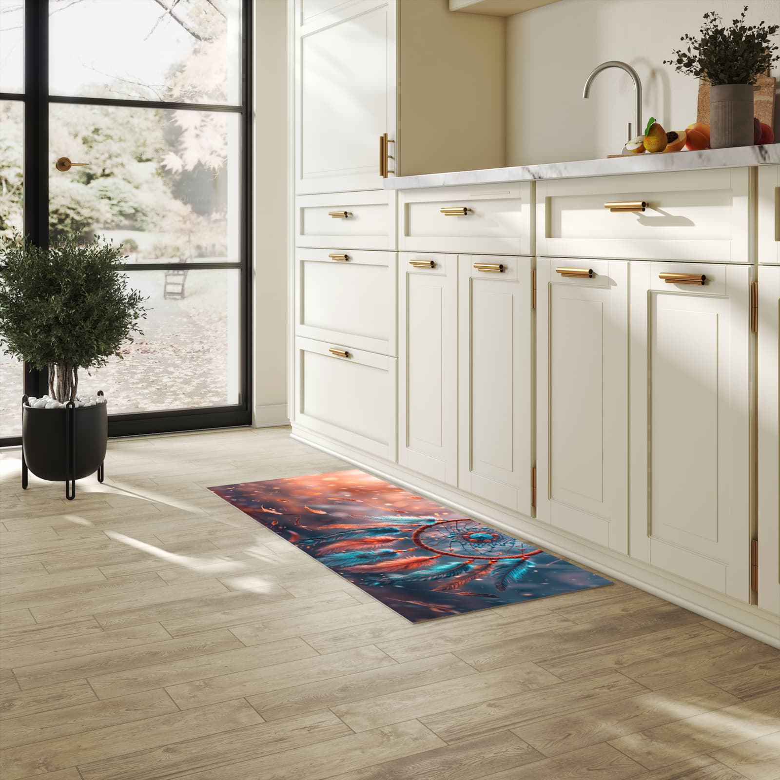 Rutschfester Küchenläufer mit Motiv Traumfänger Federn in heller Küche