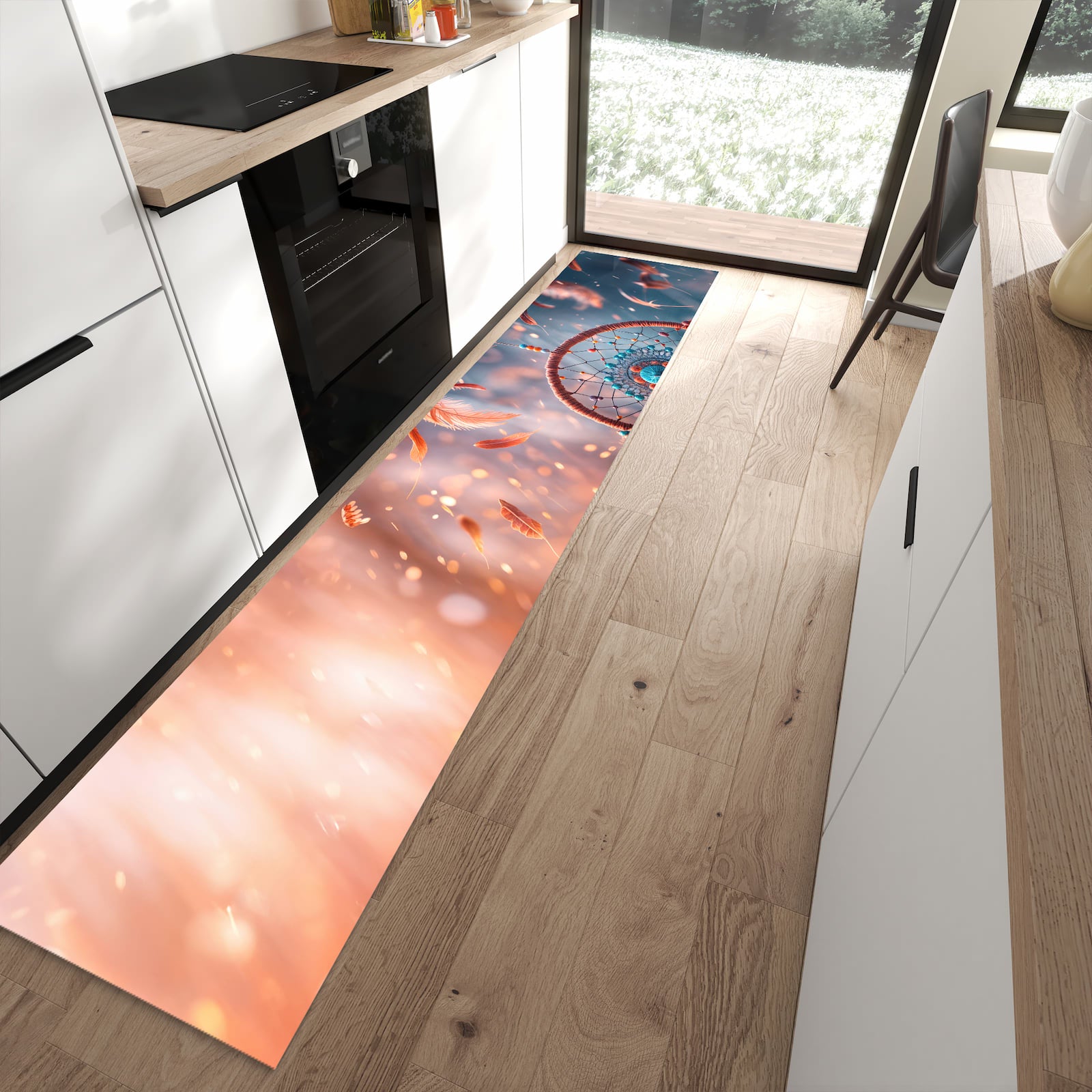 Küchenteppich mit Motiv Traumfänger Federn für angenehme Haptik in moderner Küche