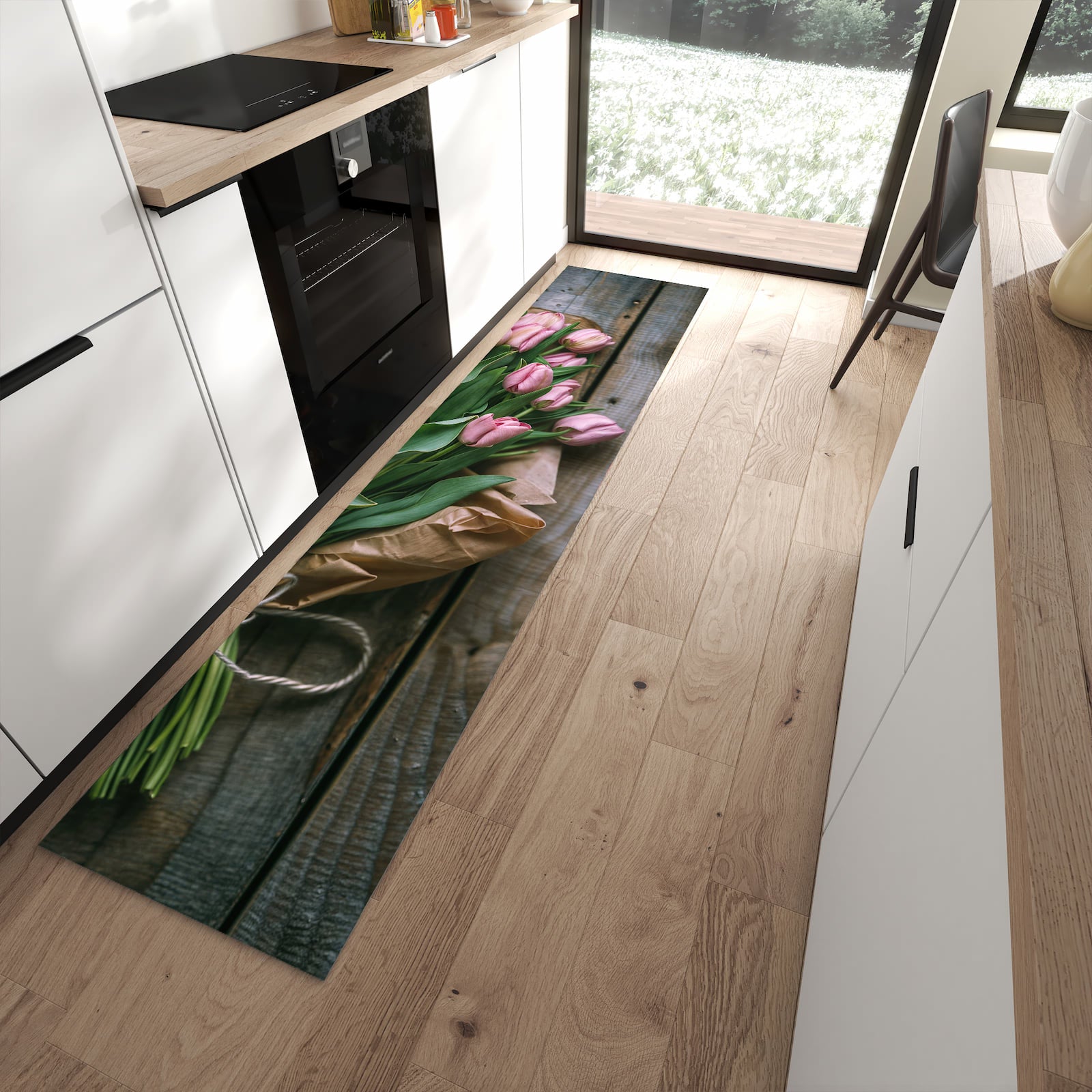 Geräuschdämpfender Läufer mit Motiv Rosa Tulpenstrauss für Eingangsbereich in moderner Küche