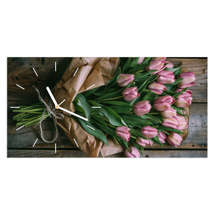 Wanduhr Rosa Tulpenstrauß aus Glas – Querformat 60 × 30 cm mit Ziffernblatt Linie