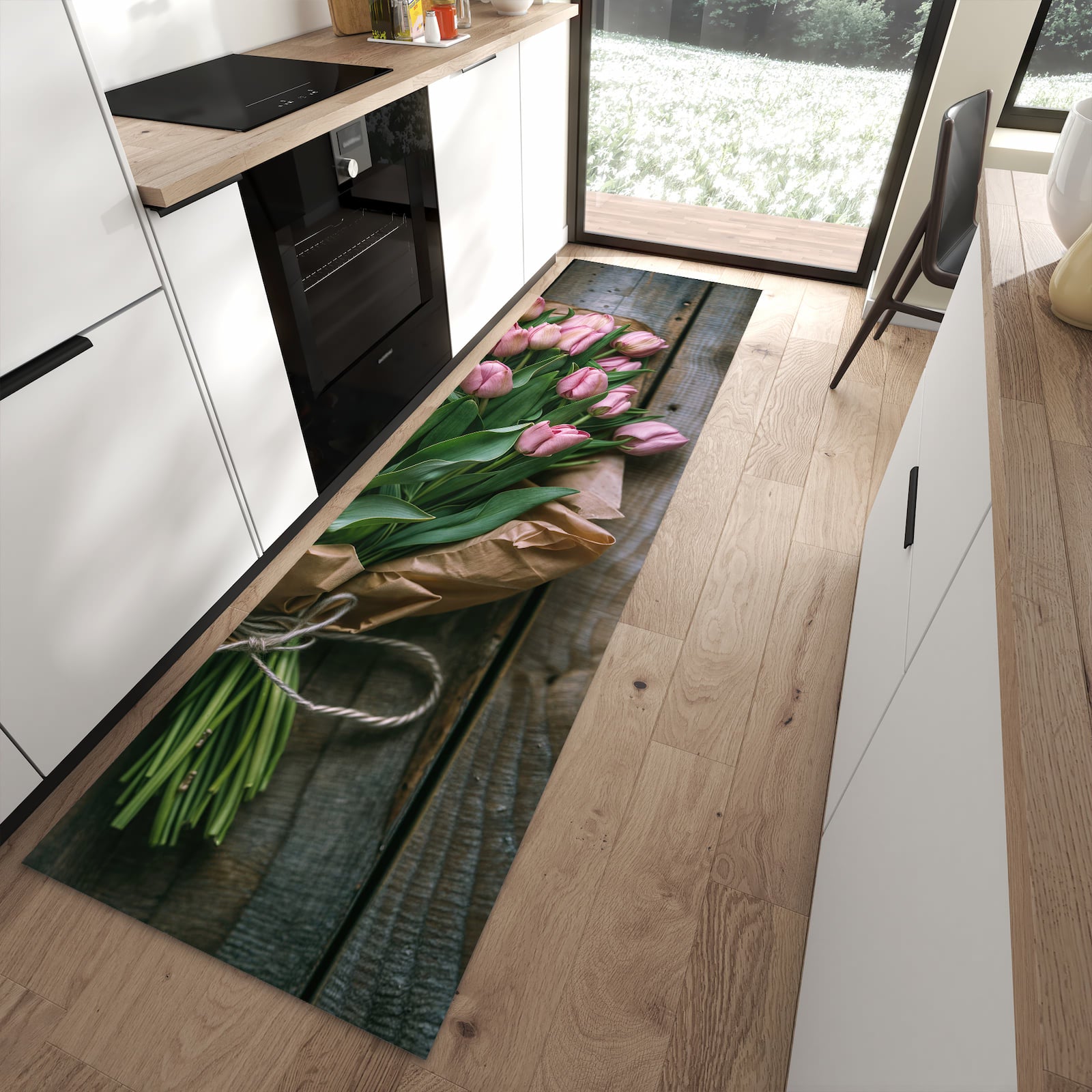 Fleckenresistenter waschbarer Teppich mit Motiv Rosa Tulpenstrauss in moderner Küche