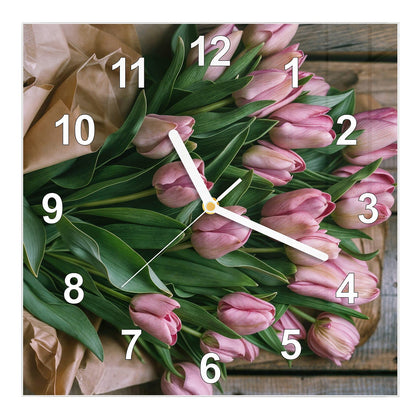 Wanduhr Quadratisch mit dem Motiv Rosa Tulpenstrauß