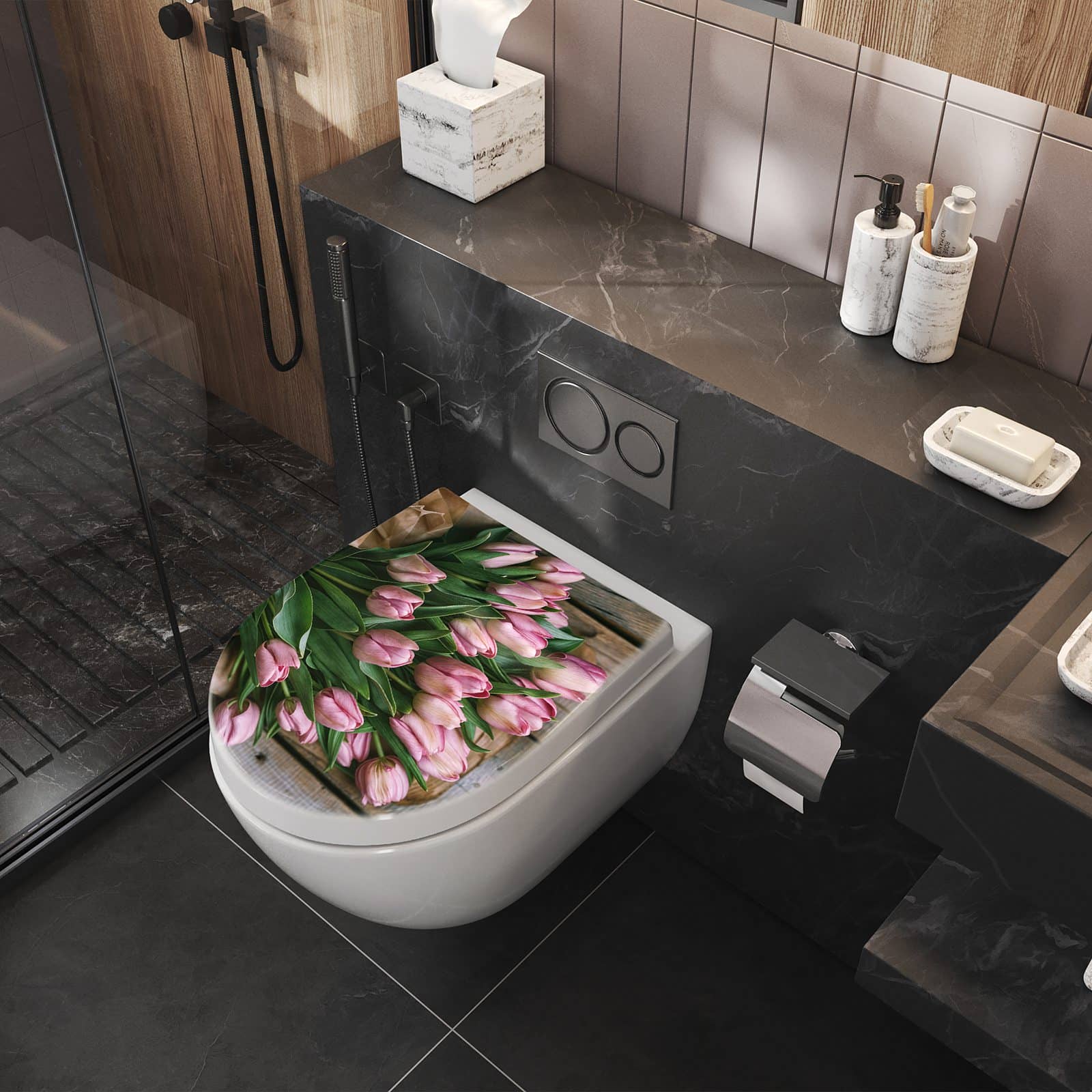 WC-Sitz mit Absenkautomatik Rosa Tulpenstrauss