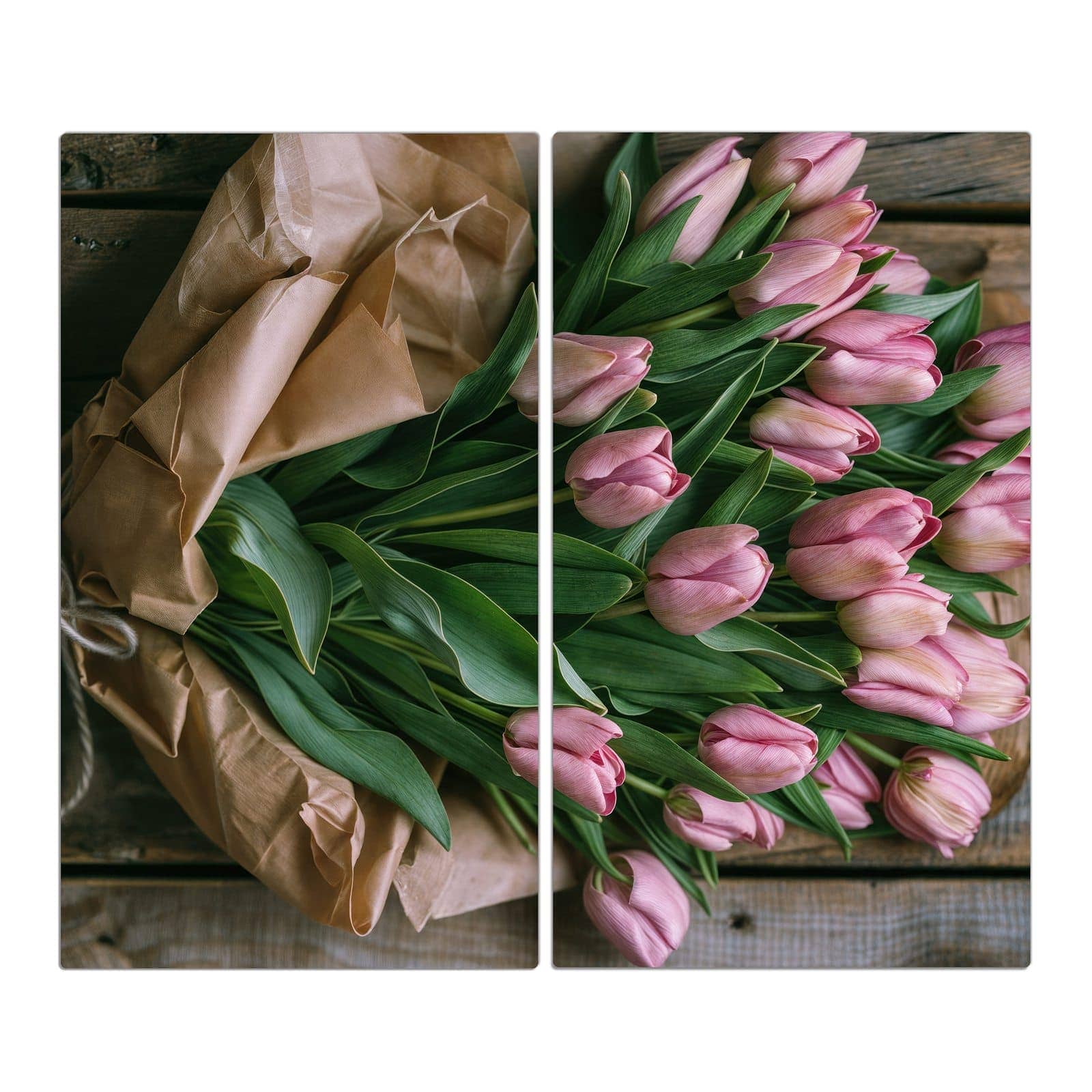 2-teilige Herdabdeckplatte mit Rosa Tulpenstrauß-Motiv in der Frontansicht
