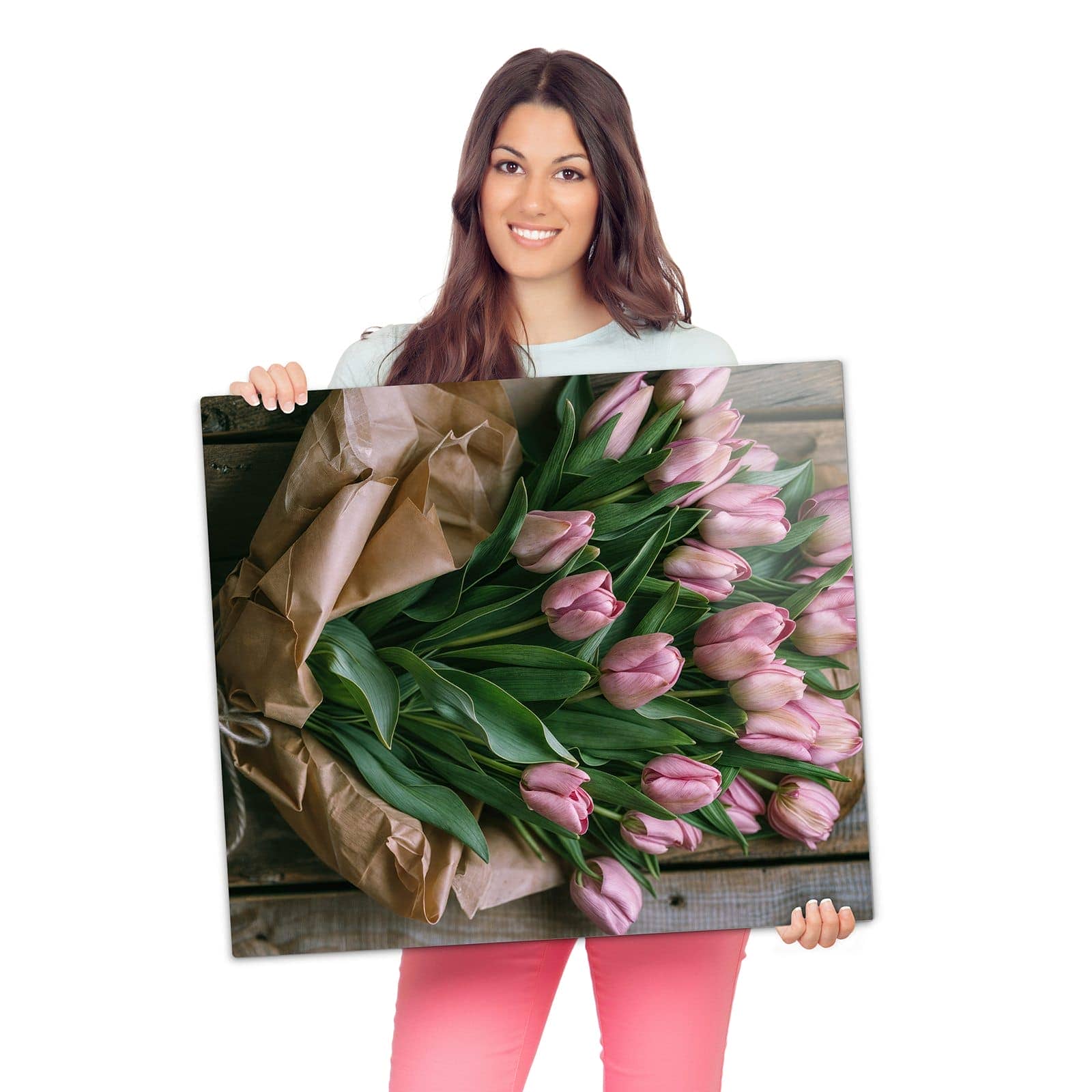 Abdeckung für Herdplatten mit Rosa Tulpenstrauß-Motiv wird zur Größendarstellung gehalten