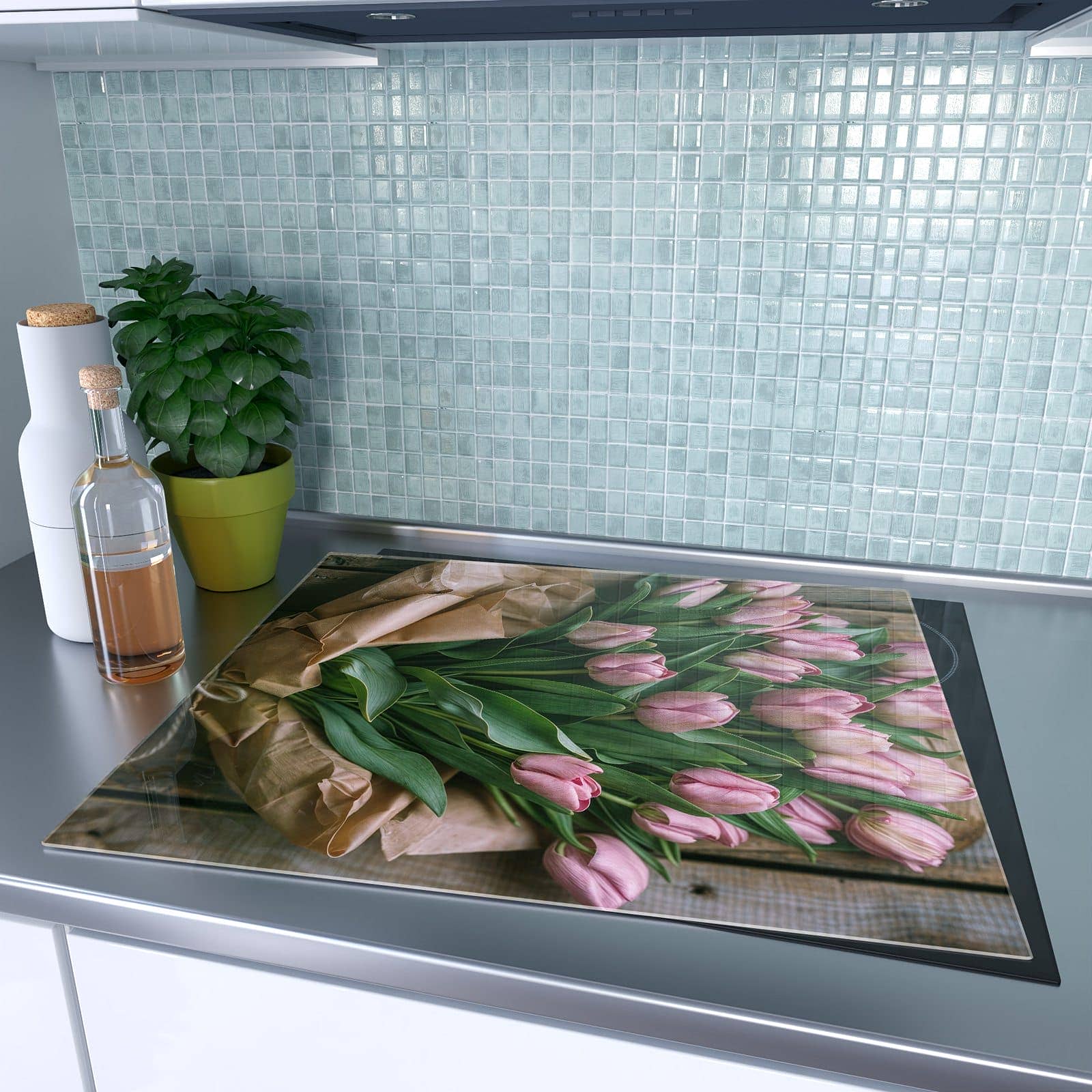 1-teilige Herdabdeckung aus Glas mit Rosa Tulpenstrauß-Motiv auf dem Ceranfeld