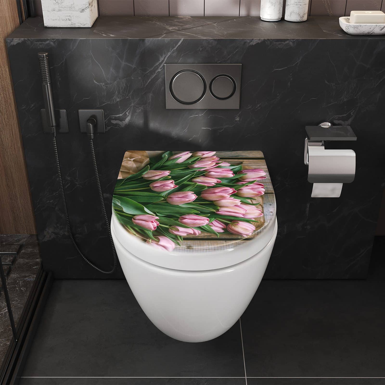 WC-Sitz mit Absenkautomatik Rosa Tulpenstrauss