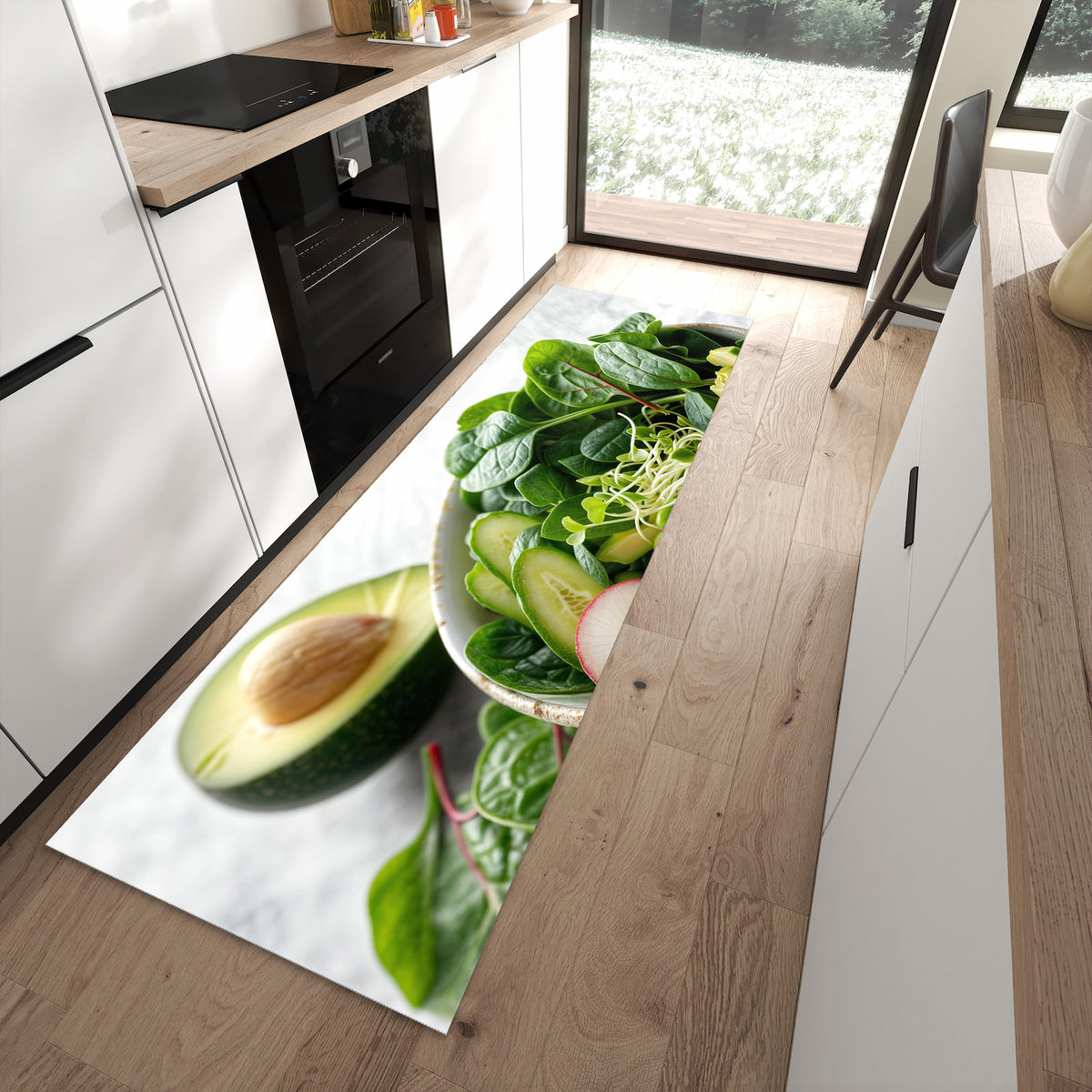 Rutschfester Küchenläufer mit Motiv Gesunder Salat in moderner Küche