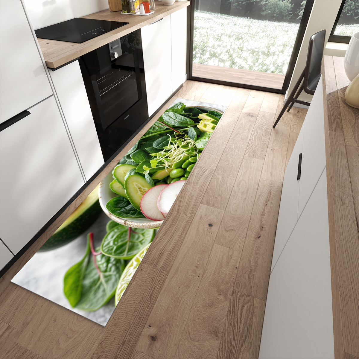 Küchenteppich mit Motiv Gesunder Salat für angenehme Haptik in moderner Küche