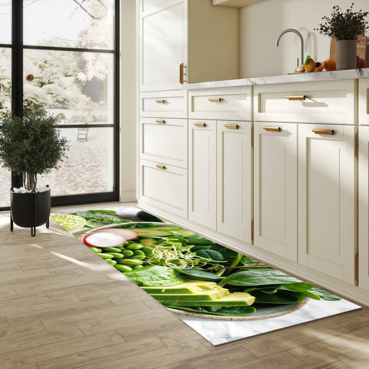 Küchenteppich mit Motiv Gesunder Salat für Ordnung & Übersicht in heller Küche