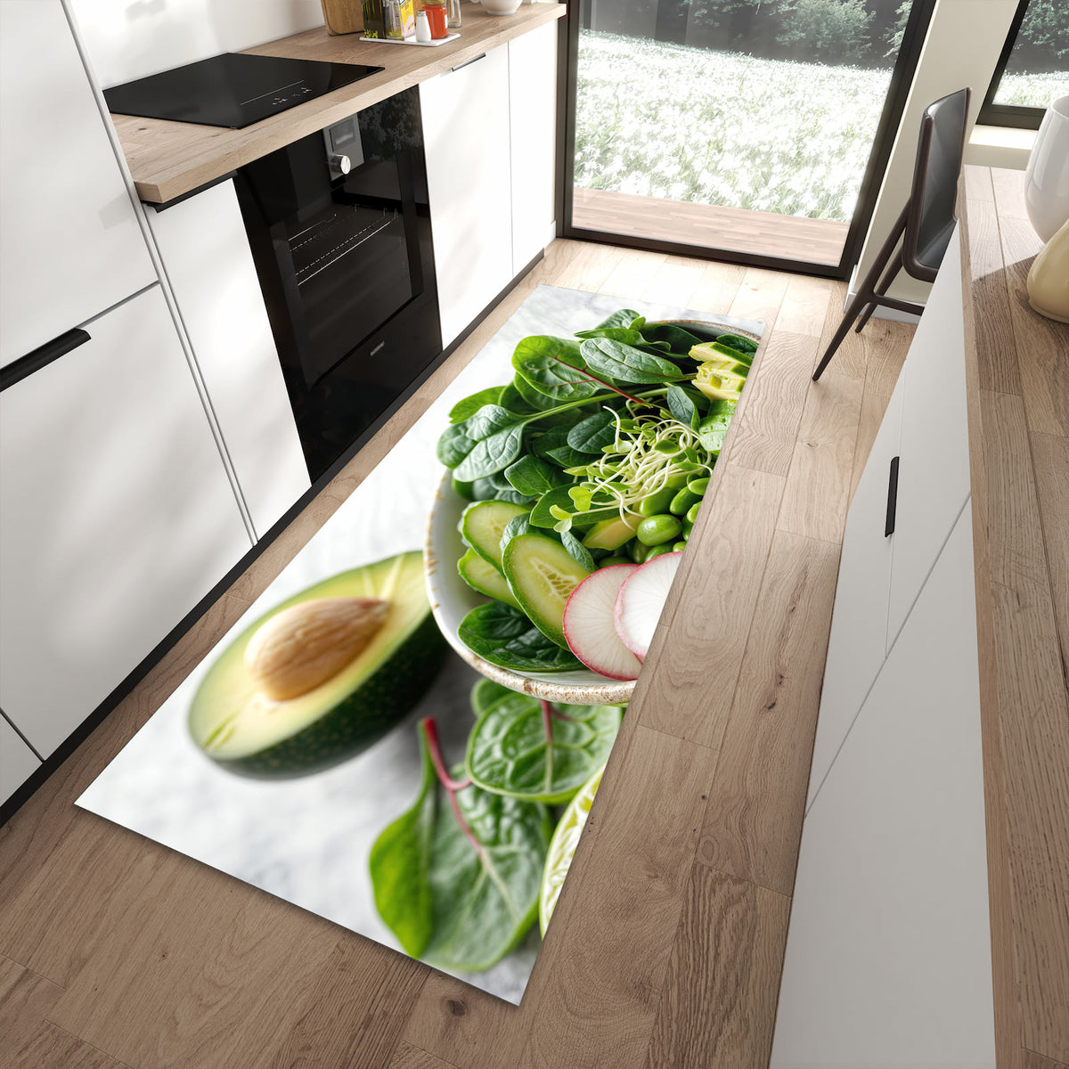 Bodenschonender Küchenläufer mit Motiv Gesunder Salat in moderner Küche