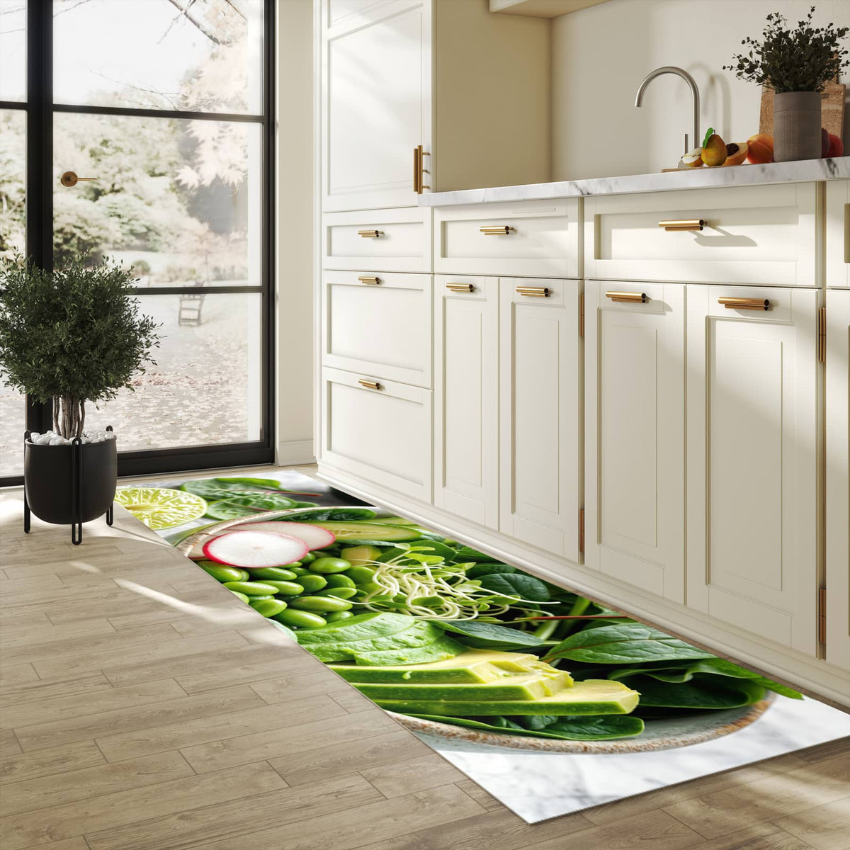 Bodenschonender waschbarer Küchenteppich mit Motiv Gesunder Salat in heller Küche