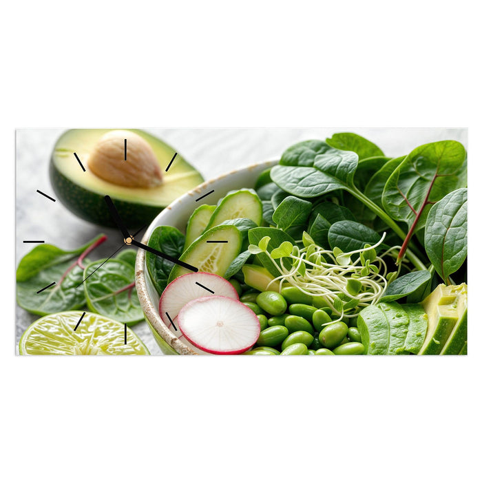 Wanduhr Gesunder Salat aus Glas – Querformat 60 × 30 cm mit Ziffernblatt Linie