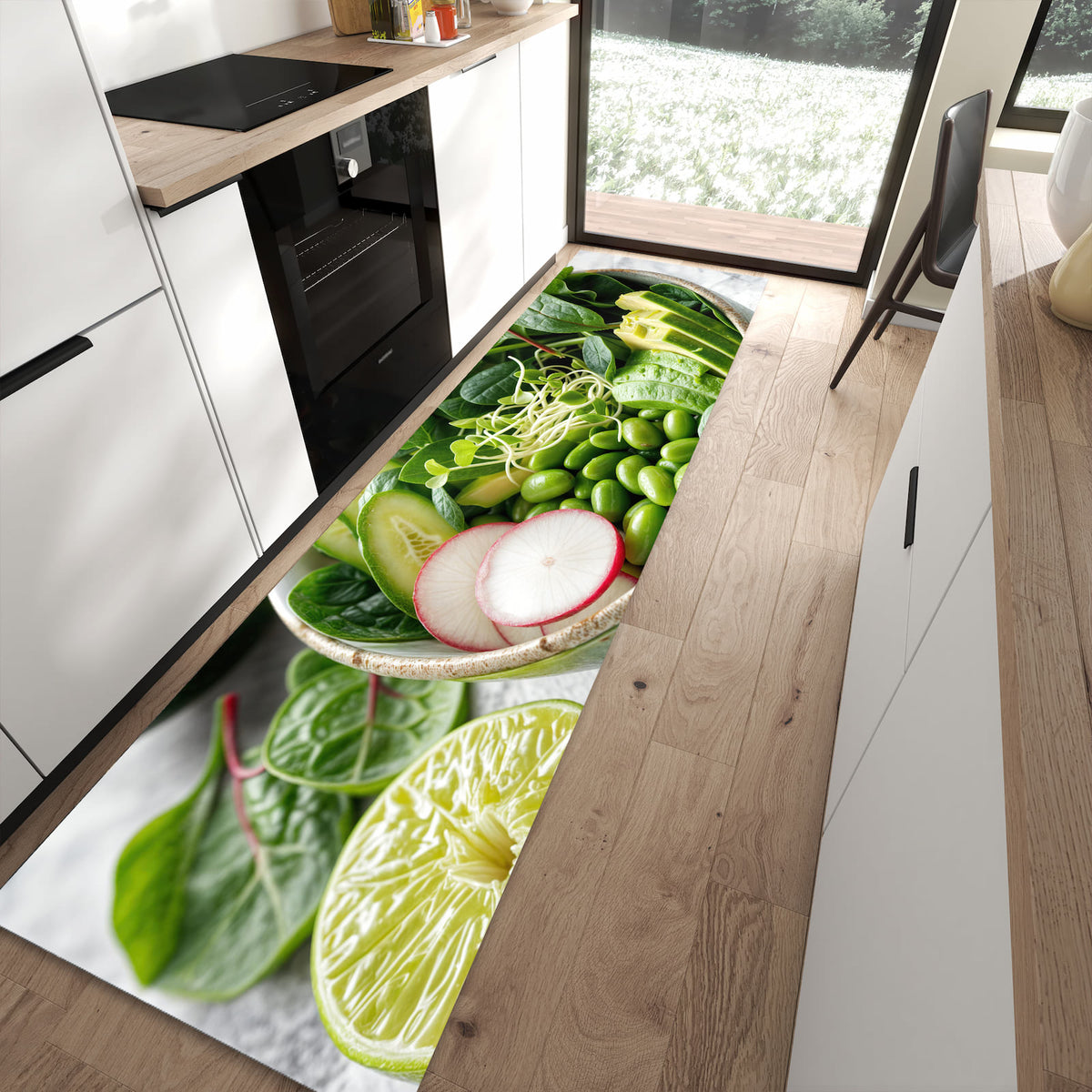 Bodenschonender Küchenteppich mit Motiv Gesunder Salat in moderner Küche