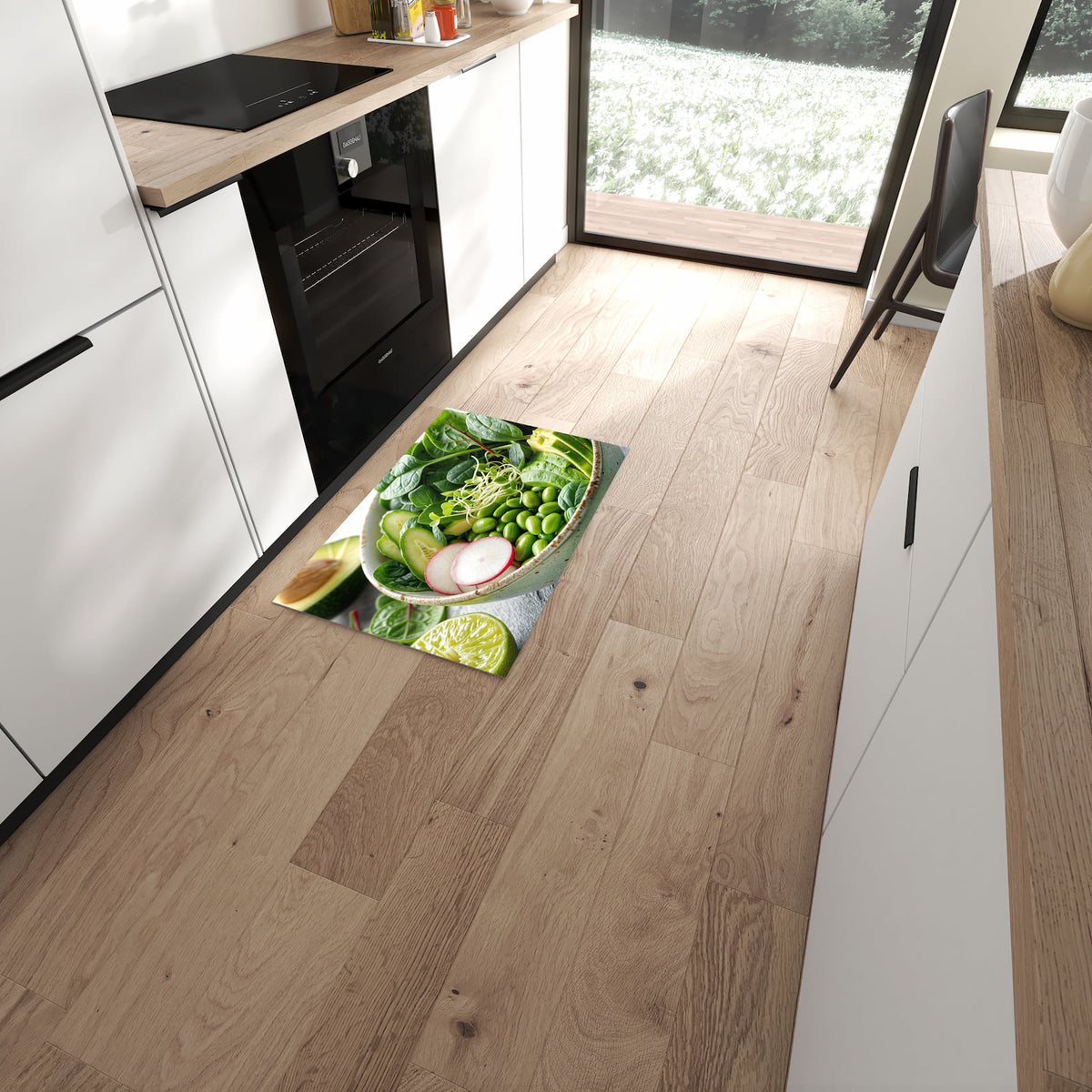 Waschbarer Küchenläufer mit Motiv Gesunder Salat in moderner Küche