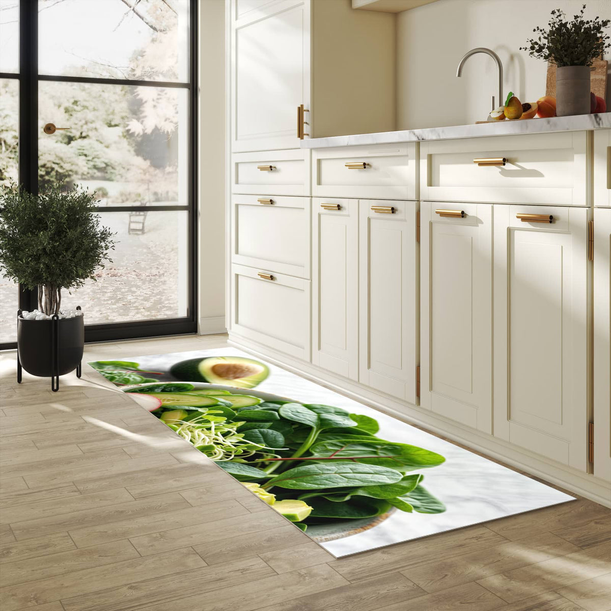 Bodenschonender Bodenläufer-Teppich mit Motiv Gesunder Salat in heller Küche