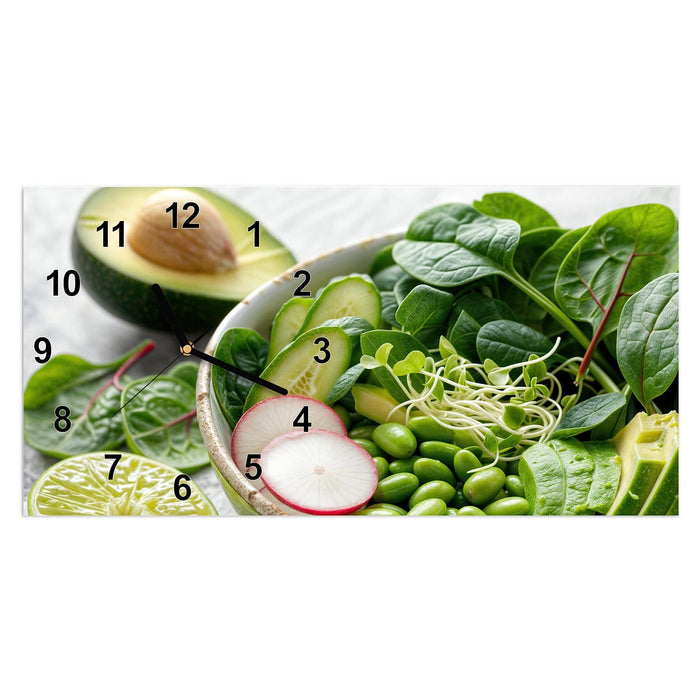 Wanduhr Gesunder Salat aus Glas – Querformat 60 × 30 cm mit Ziffernblatt Modern