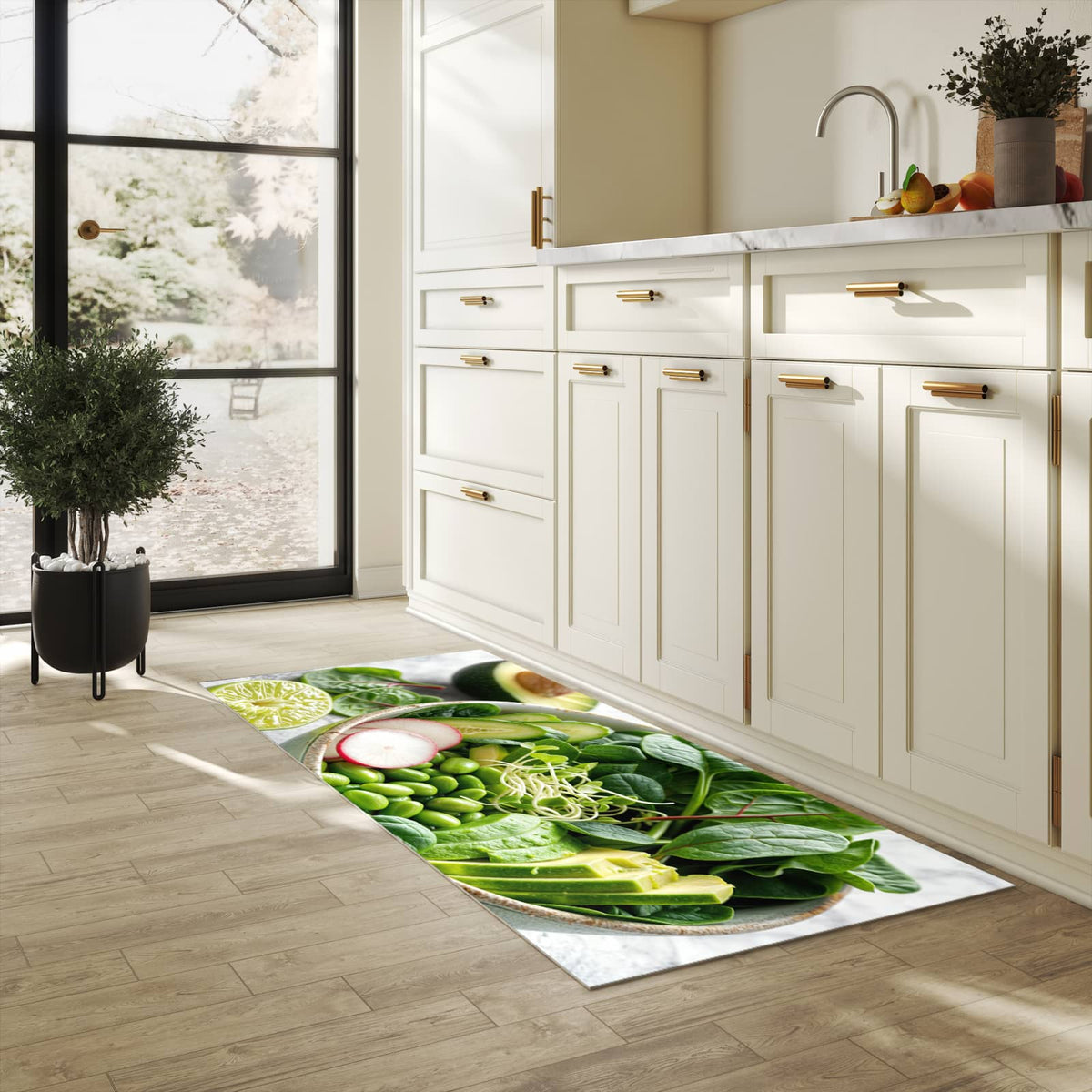 Feuchtigkeitsresistenter Bodenläufer mit Motiv Gesunder Salat in heller Küche