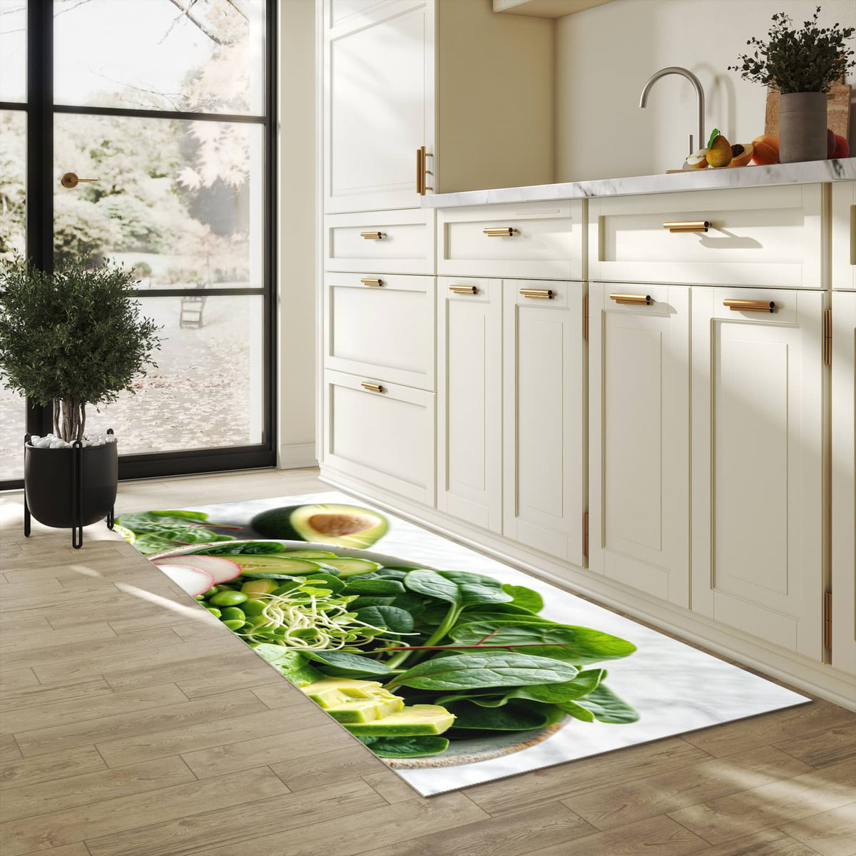 Formstabiler rutschfester Küchenteppich mit Motiv Gesunder Salat in heller Küche