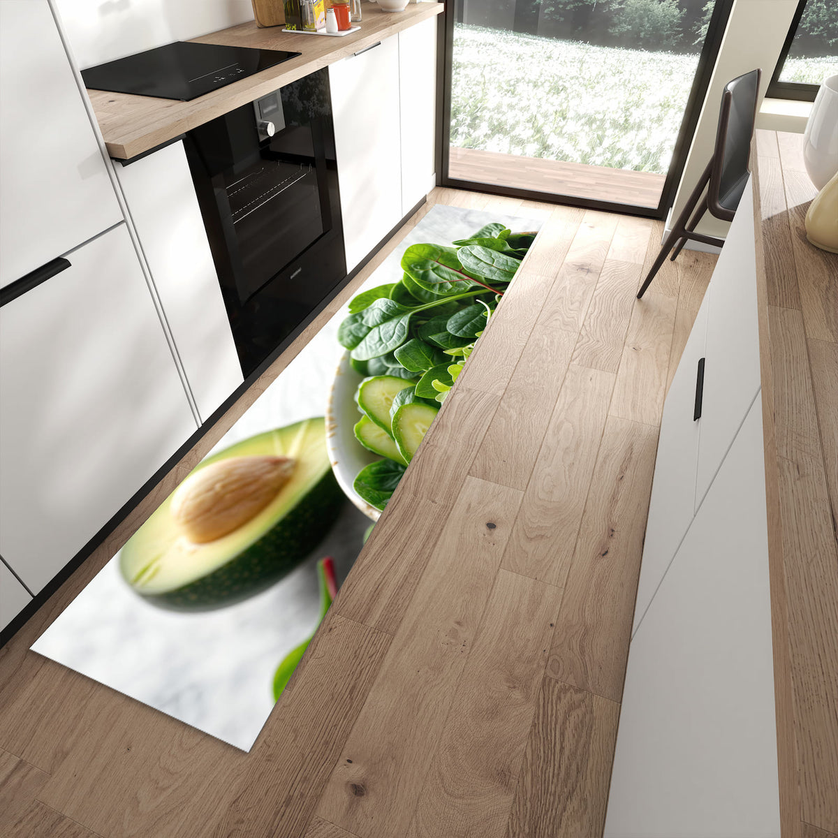 Hygienischer Küchenteppich mit Motiv Gesunder Salat in moderner Küche