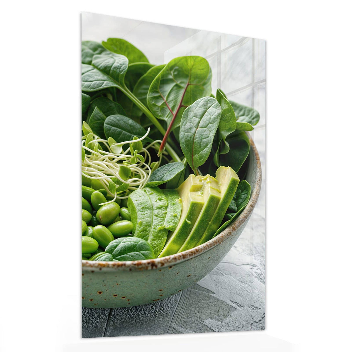 Glasbild Salat mit Avocado von der Seite, 4 mm Echtglas