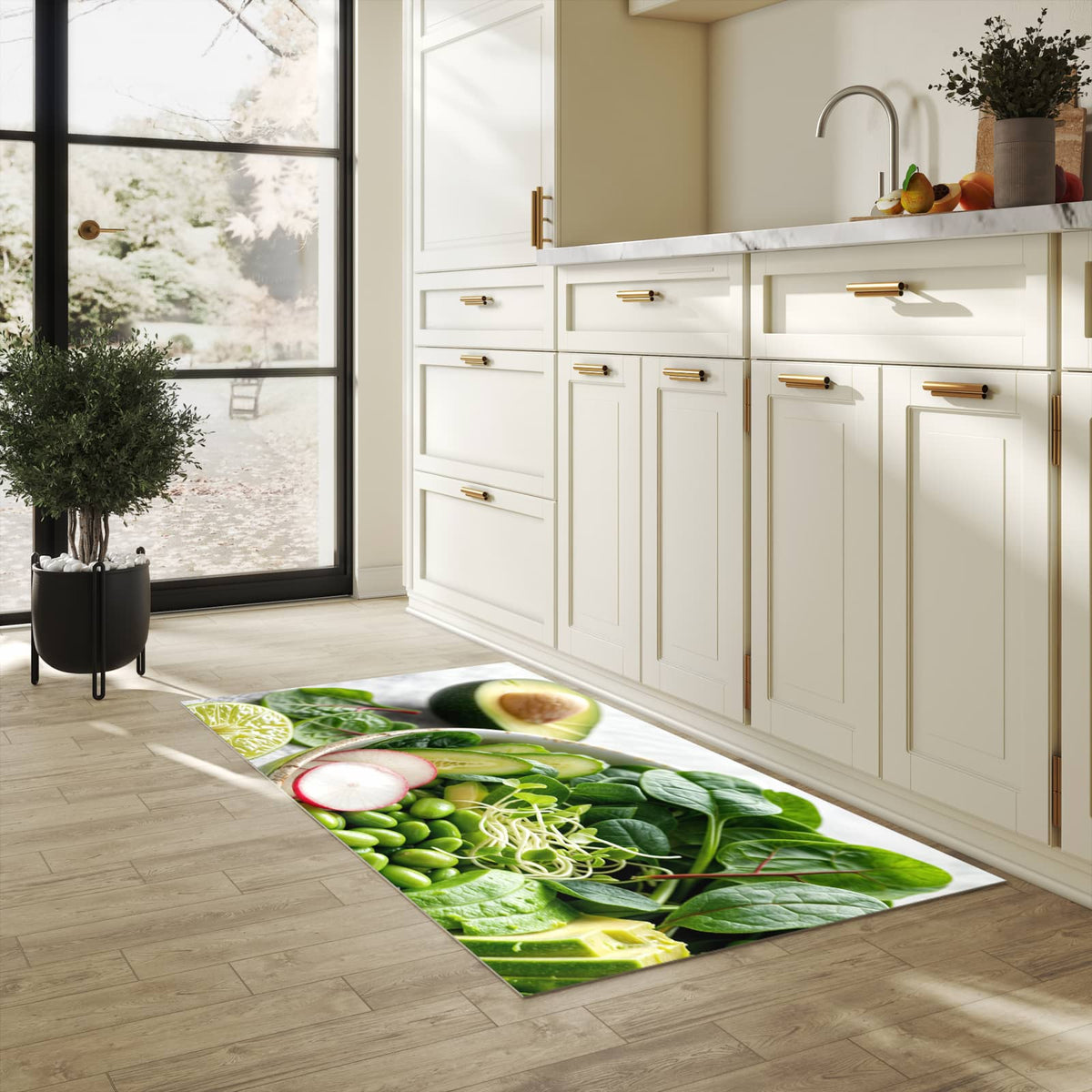 Farbbeständiger Küchenteppich mit Motiv Gesunder Salat in heller Küche