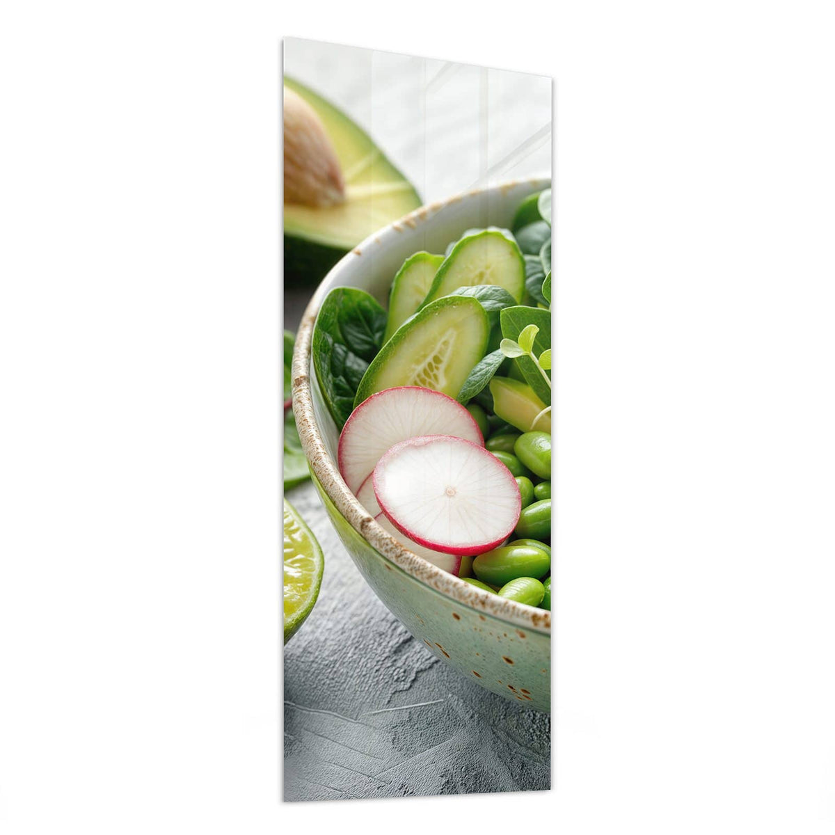 Glasbild Salat mit Avocado von der Seite, 4 mm Echtglas