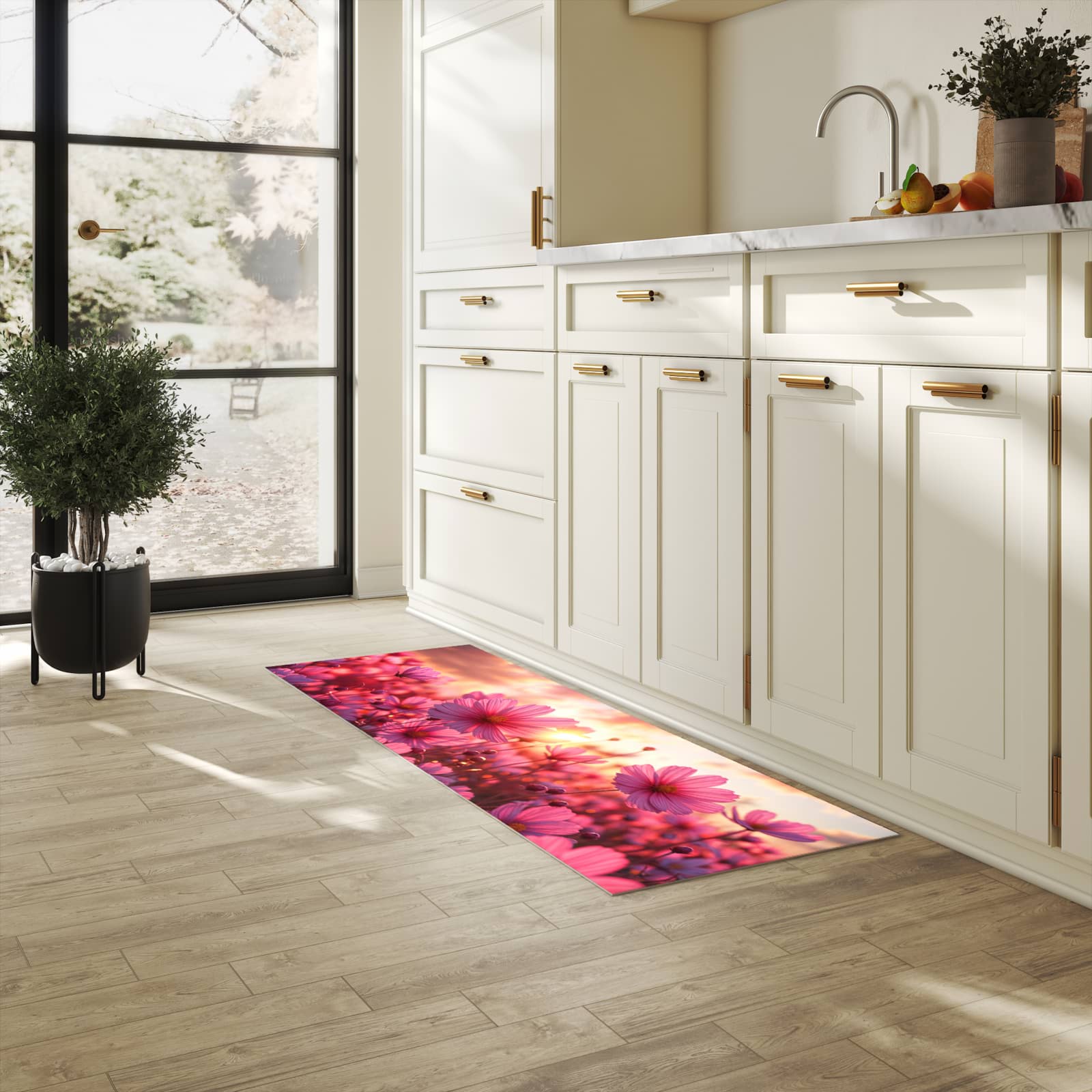 UV-beständiger Küchenläufer mit Motiv Blumenfeld Sonnenuntergang in heller Küche
